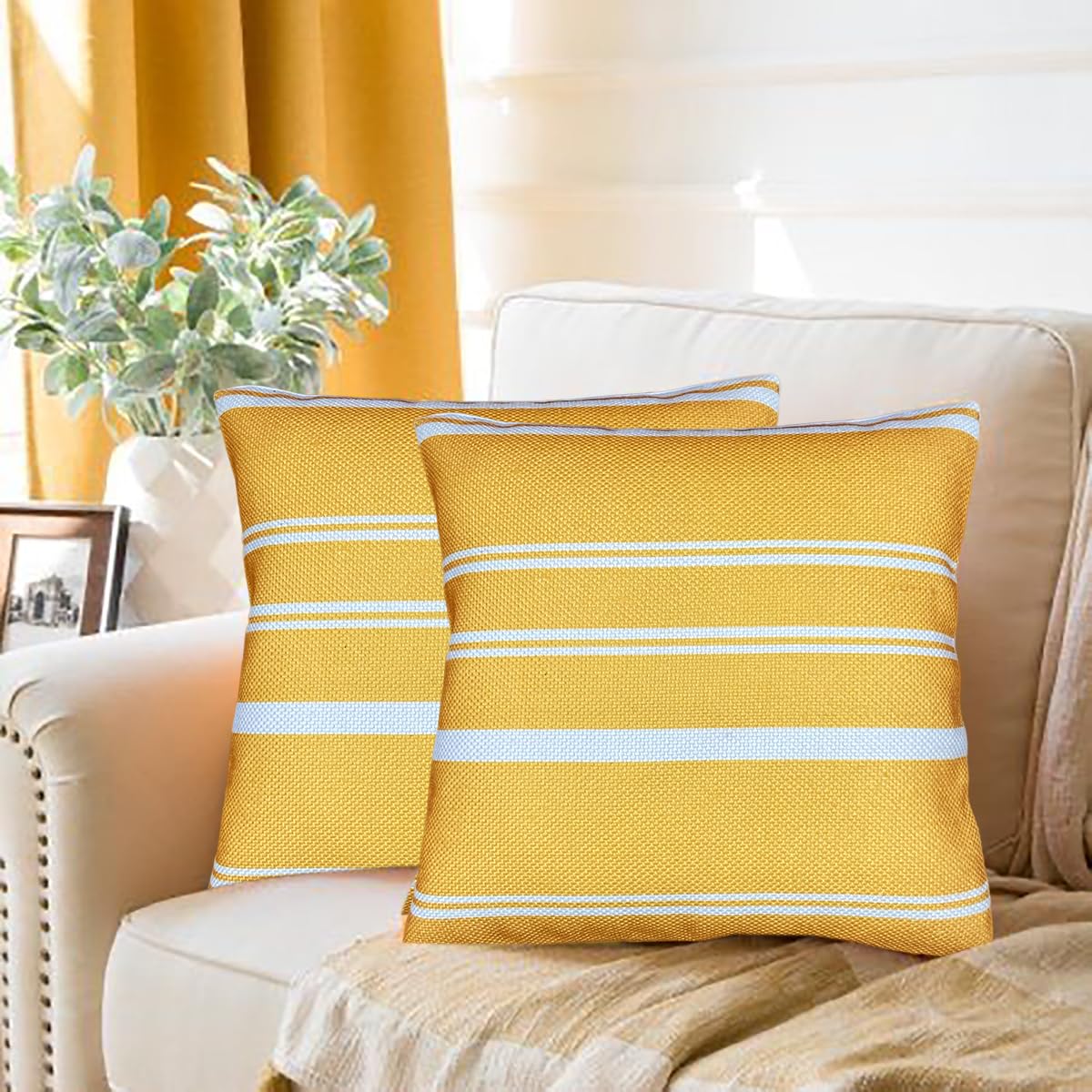 Sajavat Home Cotton Stripes Print Cushion Cover |18X18 Inches/45X45 Cms| Sunglow Yellow & White |Pack Of 2| (Eco Friendly)