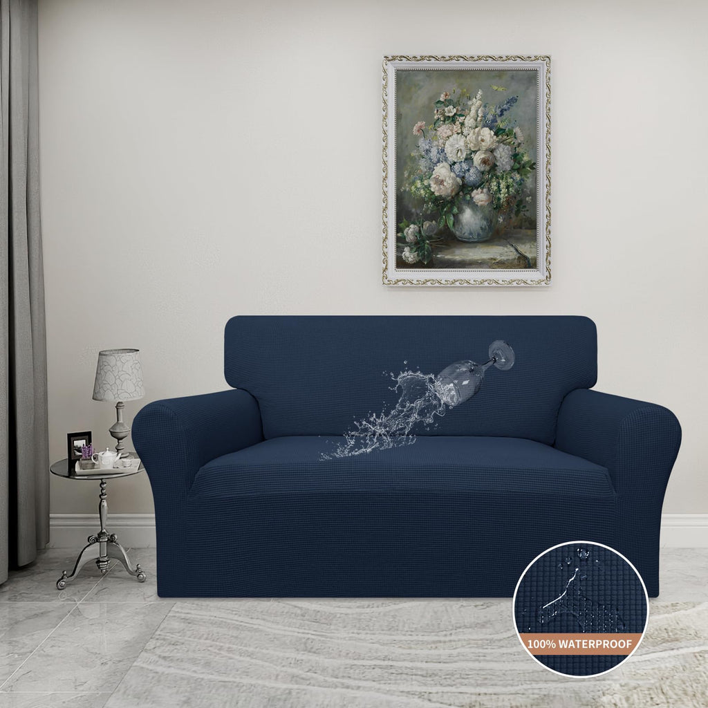 Easy-Going 100% Waterproof Oversized Loveseat Couch Cover, Dual Waterproof Sofa Cover, Stretch Jacquard Sofa Slipcover, Leakproof Furniture Protector For Kids, Pets, Dog And Cat, Dark Blue