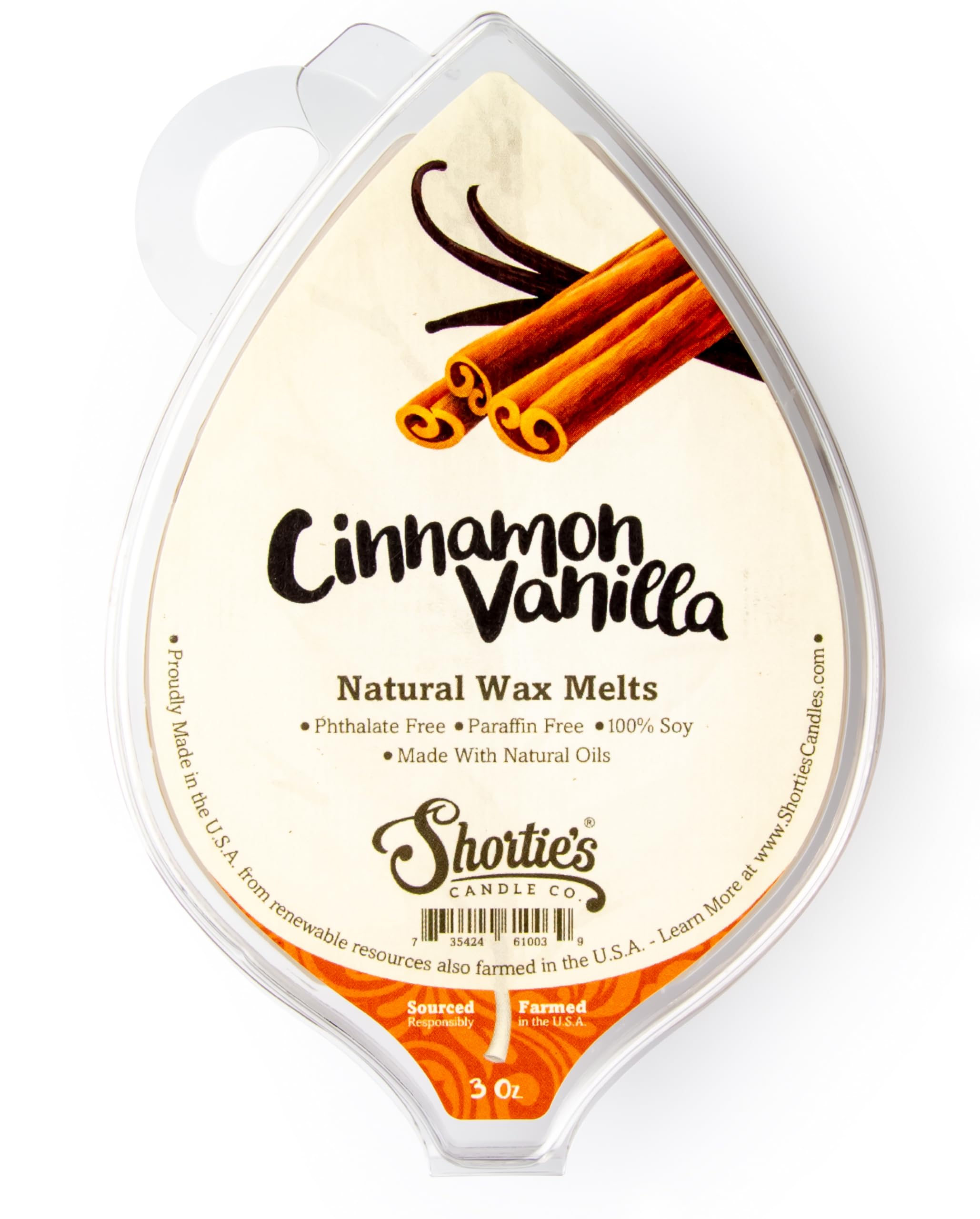 Shorties Candle Company Cinnamon Vanilla Natural Soy Wax Melts - 1 Highly Scented 3 Oz. Bar - Made with 100% Soy and Natural Fr