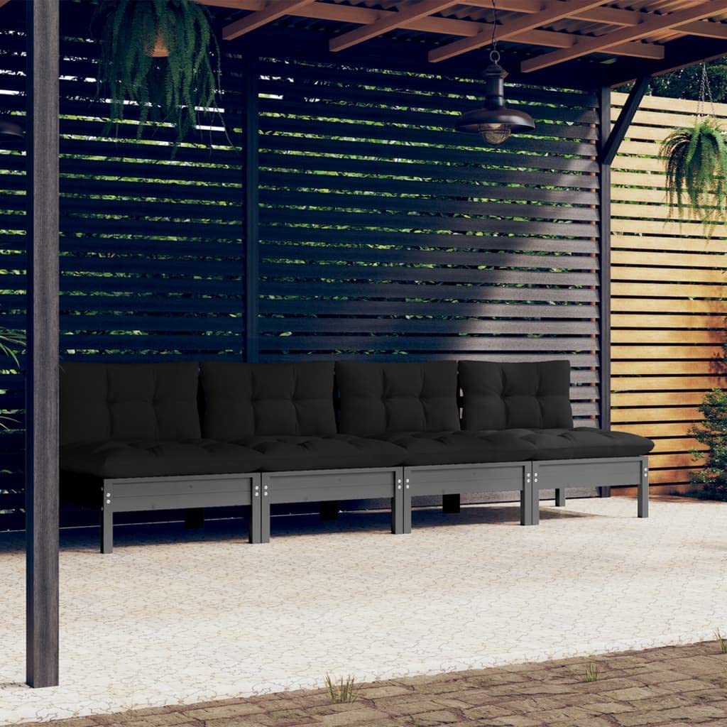 vidaXL Solid Pinewood 4-Seater Patio Sofa with Anthracite Cushions Garden Outdoor Lawn Yard Terrace Balcony Seat Seating Middle Sofa Furniture
