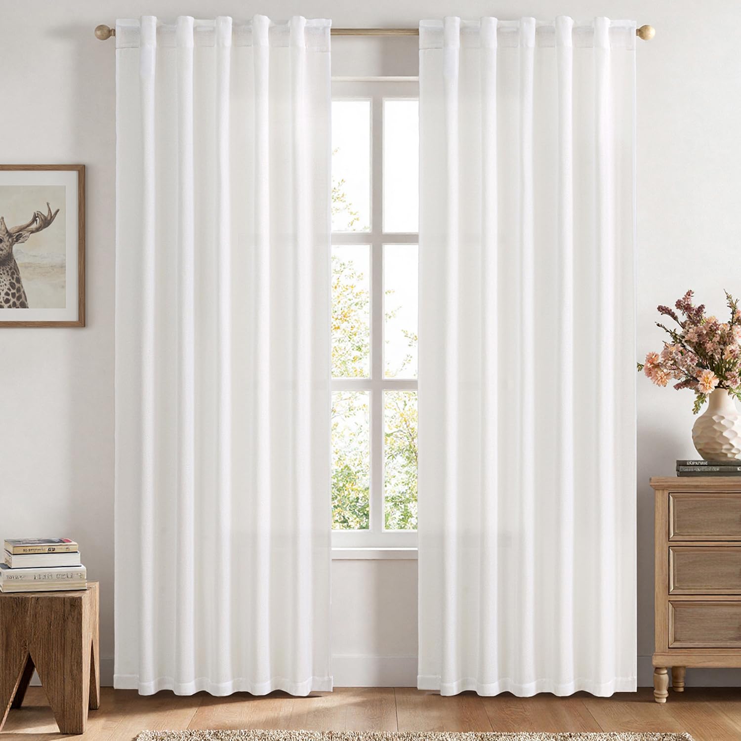 MIULEE Faux Linen Curtains 84 Inch Length 2 Panels Heathered White Semi Sheer Curtain with Back Tab Rod Pocket, Light Filtering 