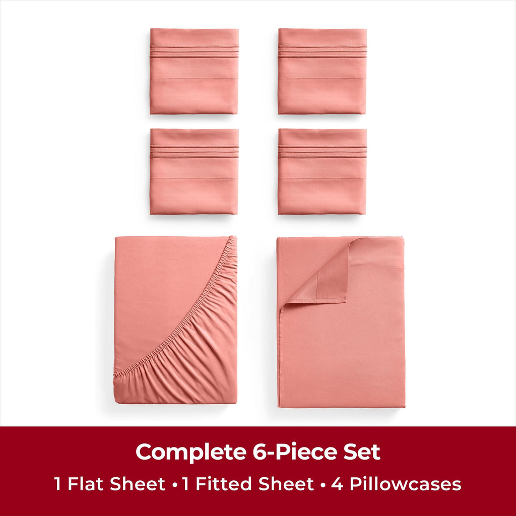 Mellanni Full Sheet Set - 6-Piece Iconic Collection Bedding, (Including 4 Pillowcases), 16-Inch Deep Pocket, Easy Care, Extra Soft, Cooling Sheets, Brushed Microfiber - Coral