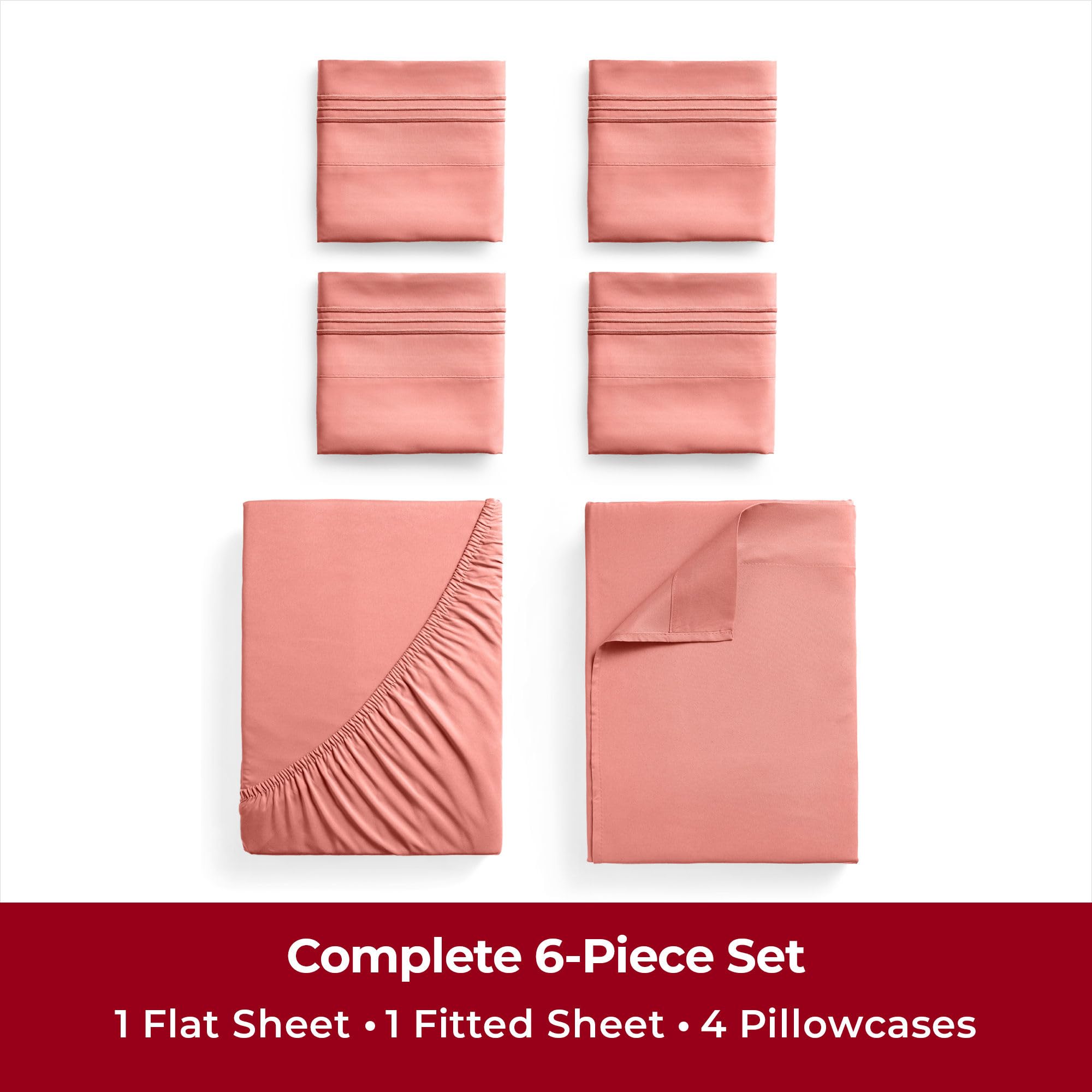 Mellanni Full Sheet Set - 6-Piece Iconic Collection Bedding, (Including 4 Pillowcases), 16-Inch Deep Pocket, Easy Care, Extra Soft, Cooling Sheets, Brushed Microfiber - Coral