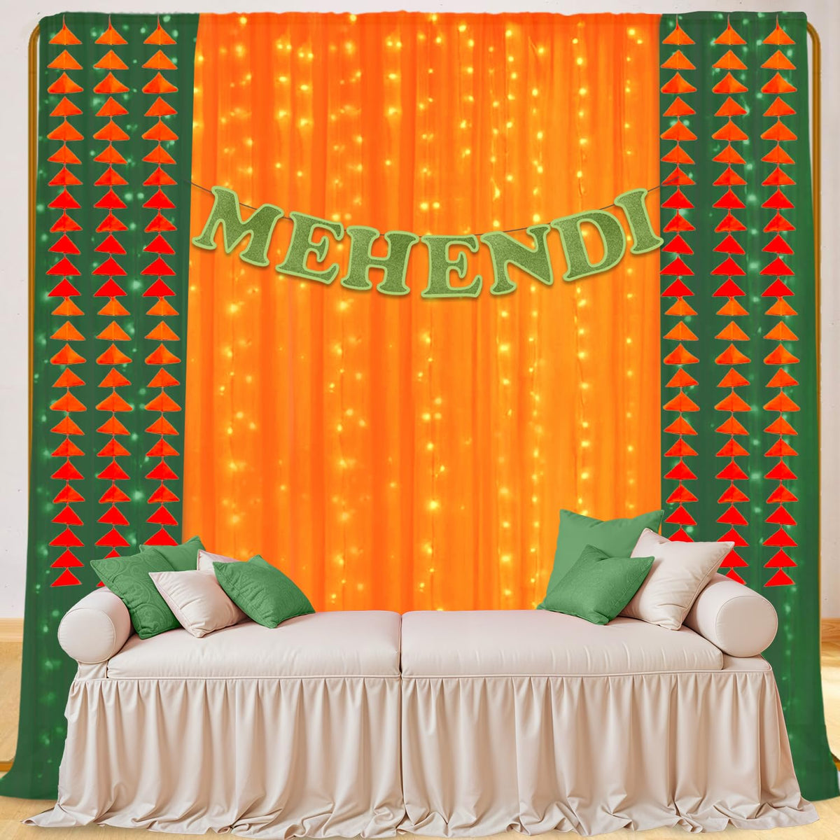 Party Propz Mehendi Backdrop Decoration Set  12 Pcs Mehendi Decoration Setup, Green and Orange Net Curtain, Mehandi Banner, Tri