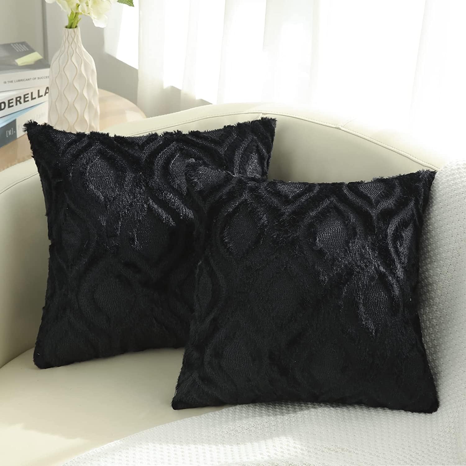 Decoruhome Decorative Throw Pillow Covers 20X20, Soft Plush Faux Wool Couch Pillow Covers For Home, Set Of 2, Black