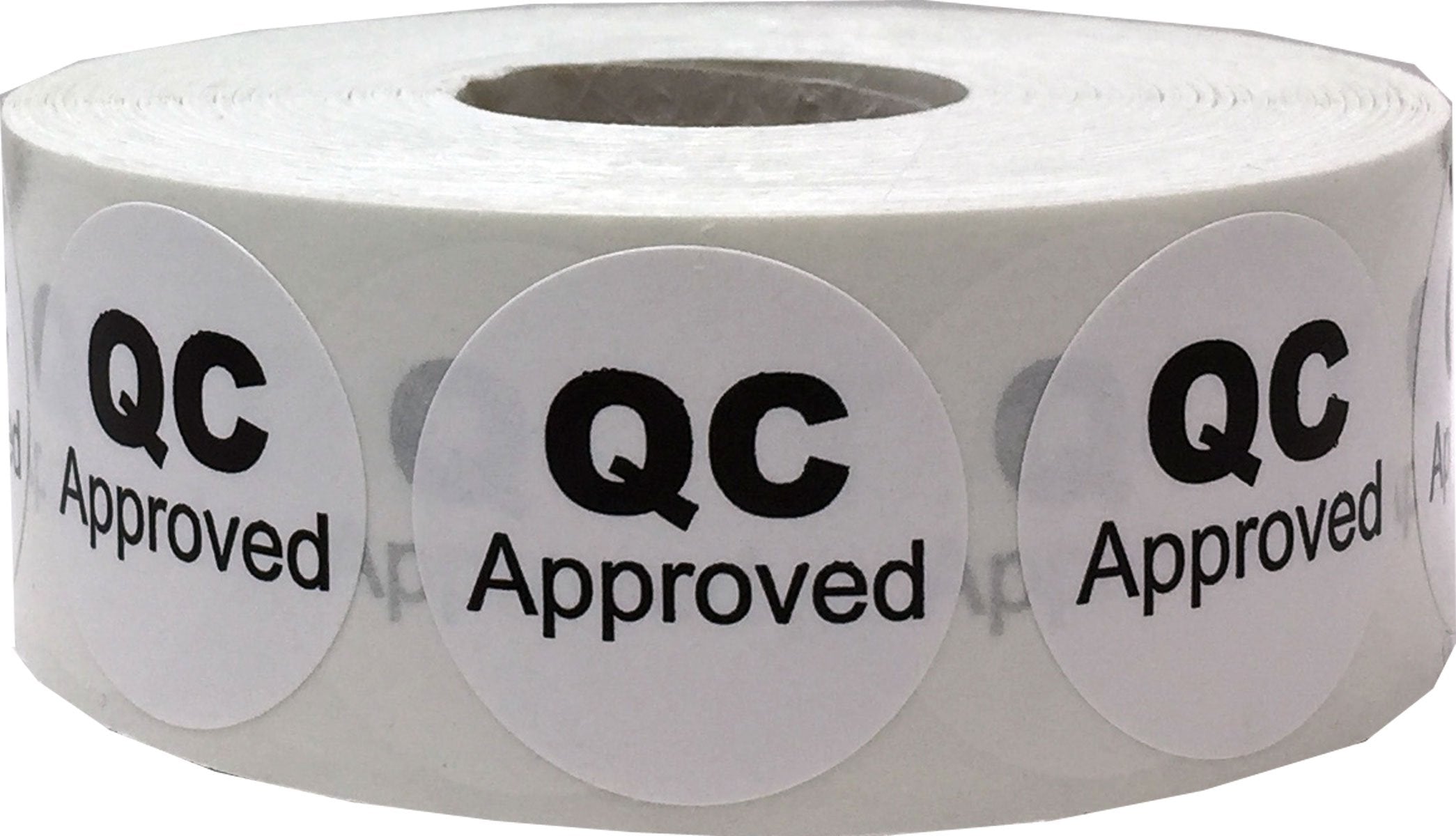 White Circle With Black Qc Approved Dot Stickers, 3/4 Inch Round, 500 Labels On A Roll