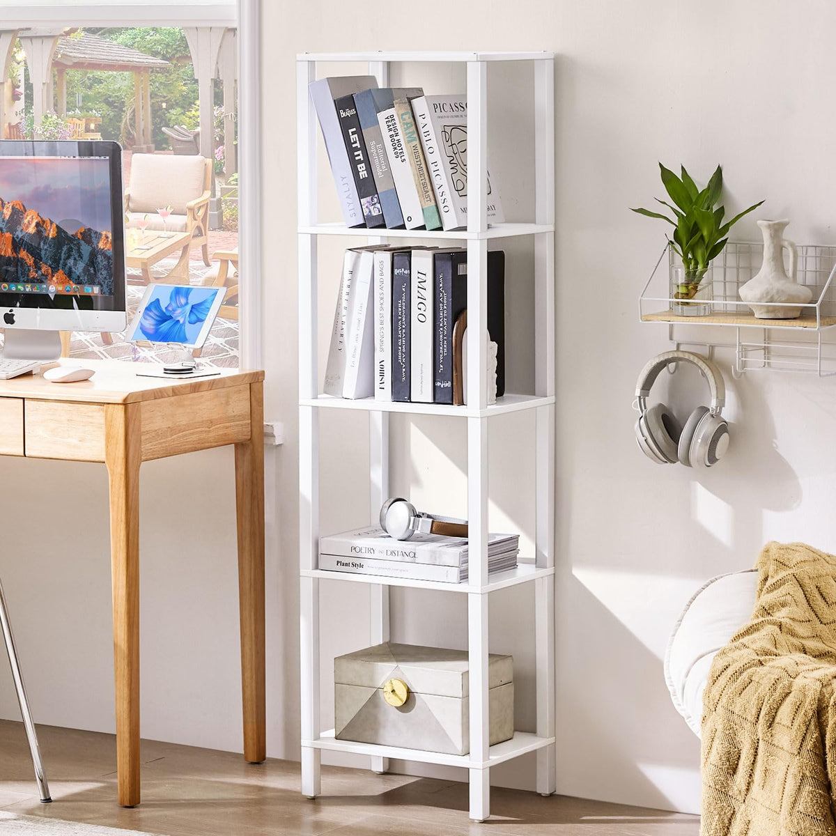 YUFAM 5 Tier Tall Narrow Bookshelf, Skinny Bookcase, Wooden Shelf, White