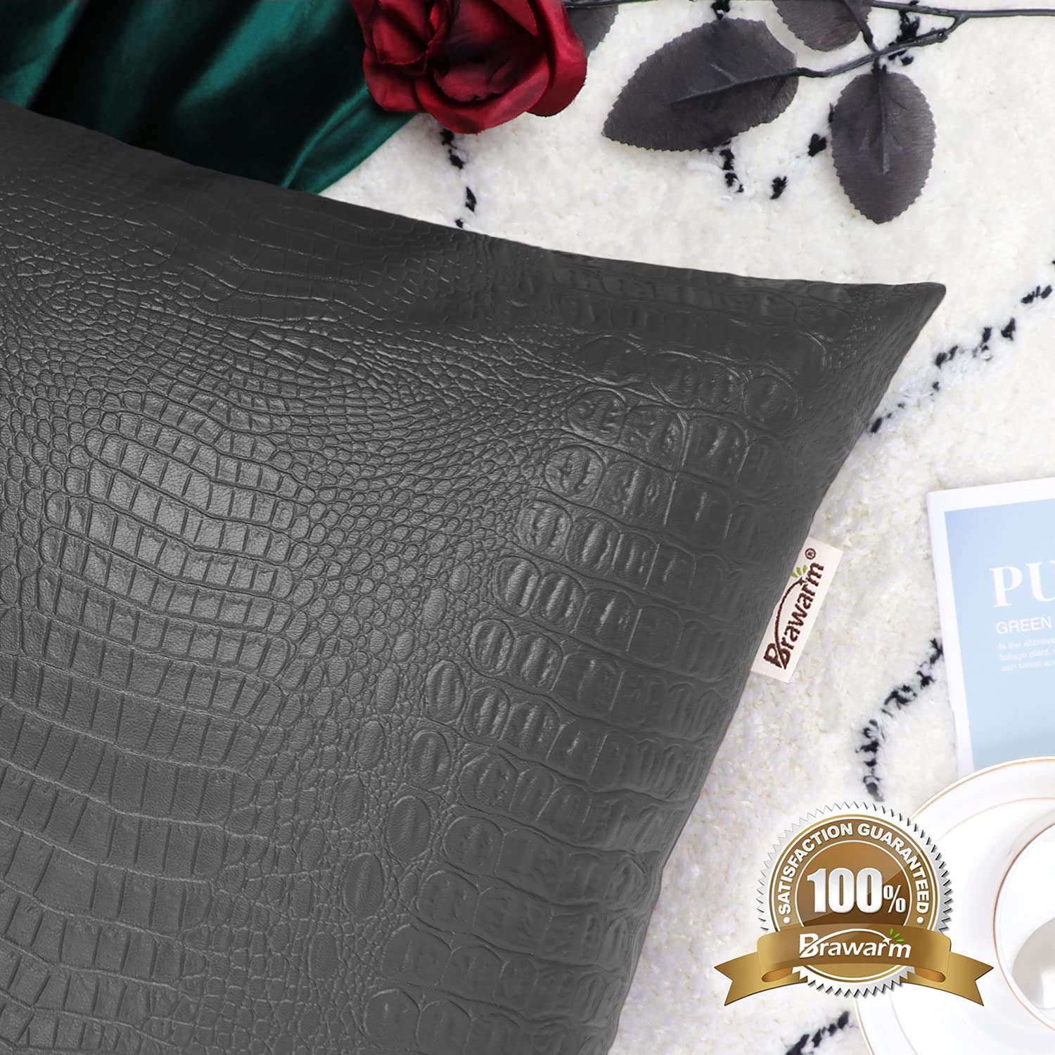 Brawarm Faux Leather Pillow Covers 20 X 20 Inches, Charcoal Gray Leather Pillow Covers Pack Of 2, Crocodile Leather Decorative T