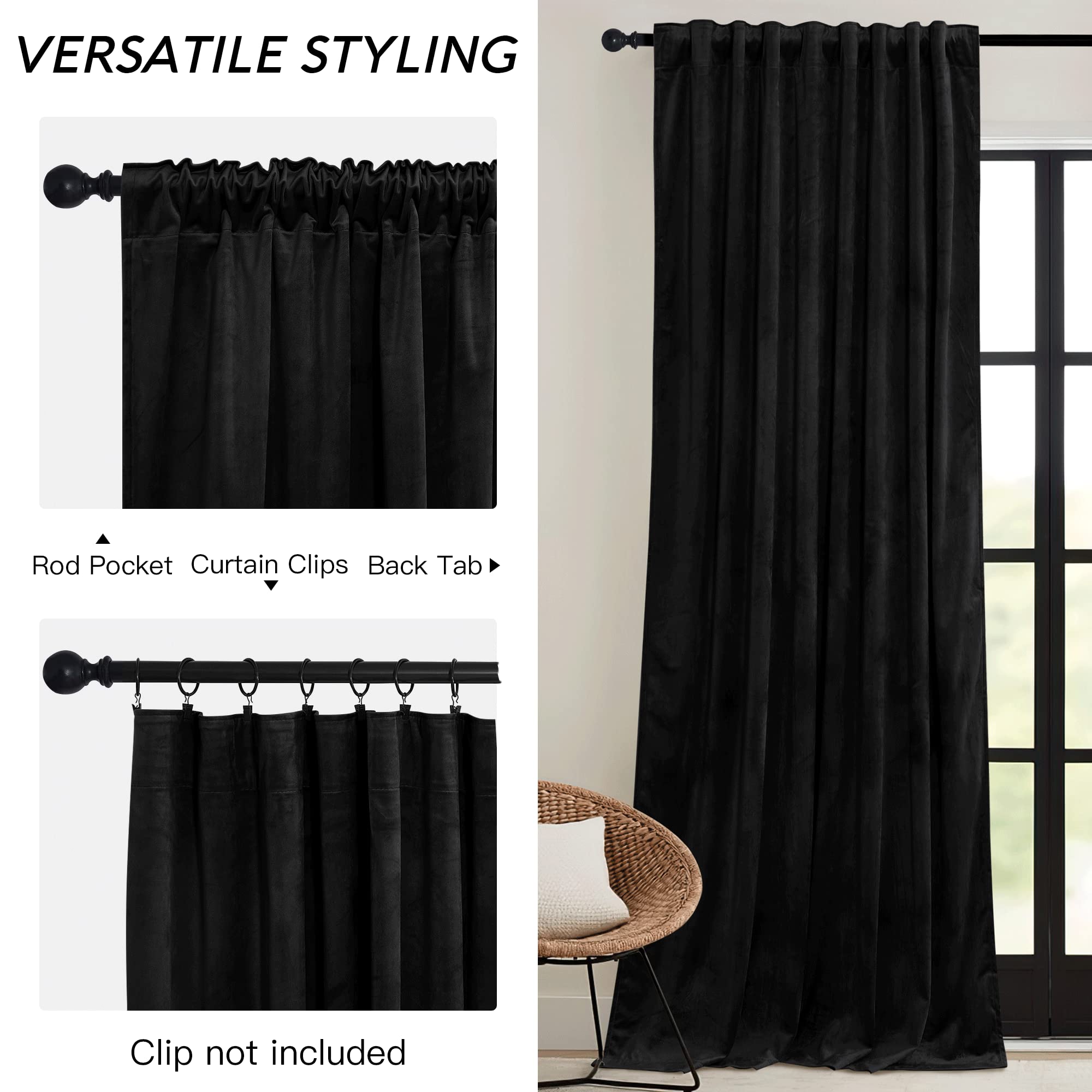 Ryb Home Black Velvet Curtains 108 Inch, Blackout Window Curtains With Pleat Tape On Top For Bedroom Thermal Insulated Privacy Ceiling Drapes For Living Room, W52 X L108 Inch, 2 Panels