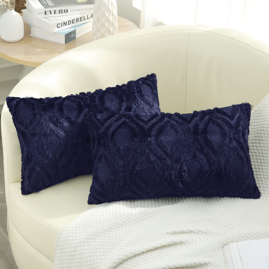 Decoruhome Decorative Throw Pillow Covers 12X20, Soft Plush Faux Wool Lumbar Couch Pillow Covers For Home, Set Of 2, Navy Blue