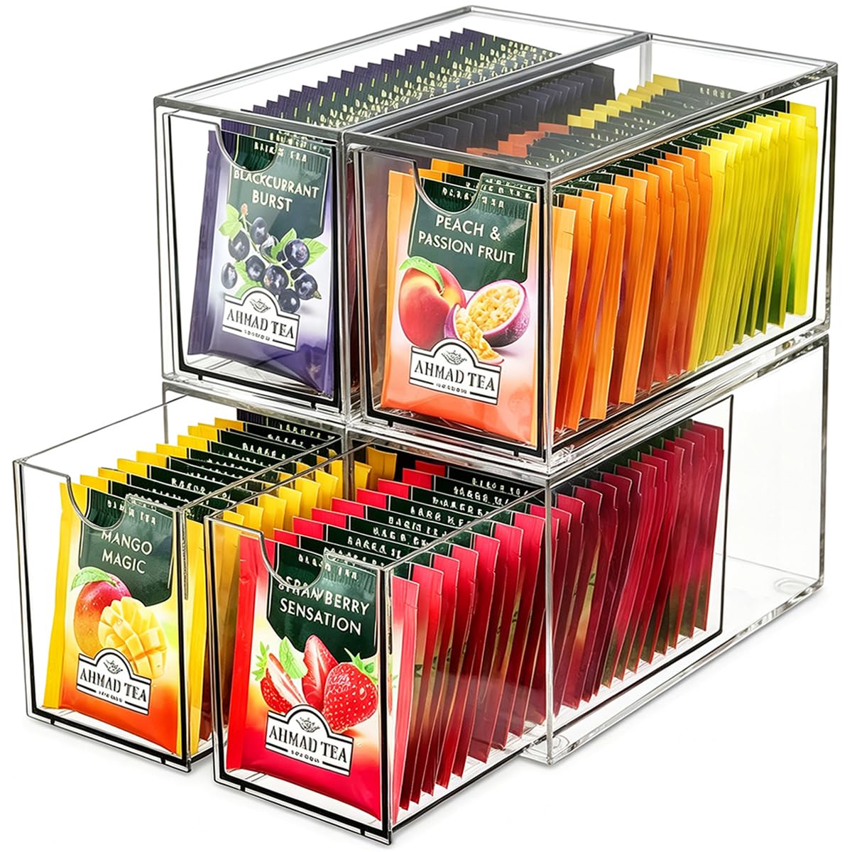 KAIDELI 4 Pack Tea Bag Drawers Organizer, Clear Plastic Stackable Tea Organizers and Storage, Portable Tea Bag Holder 6.5 x 4 