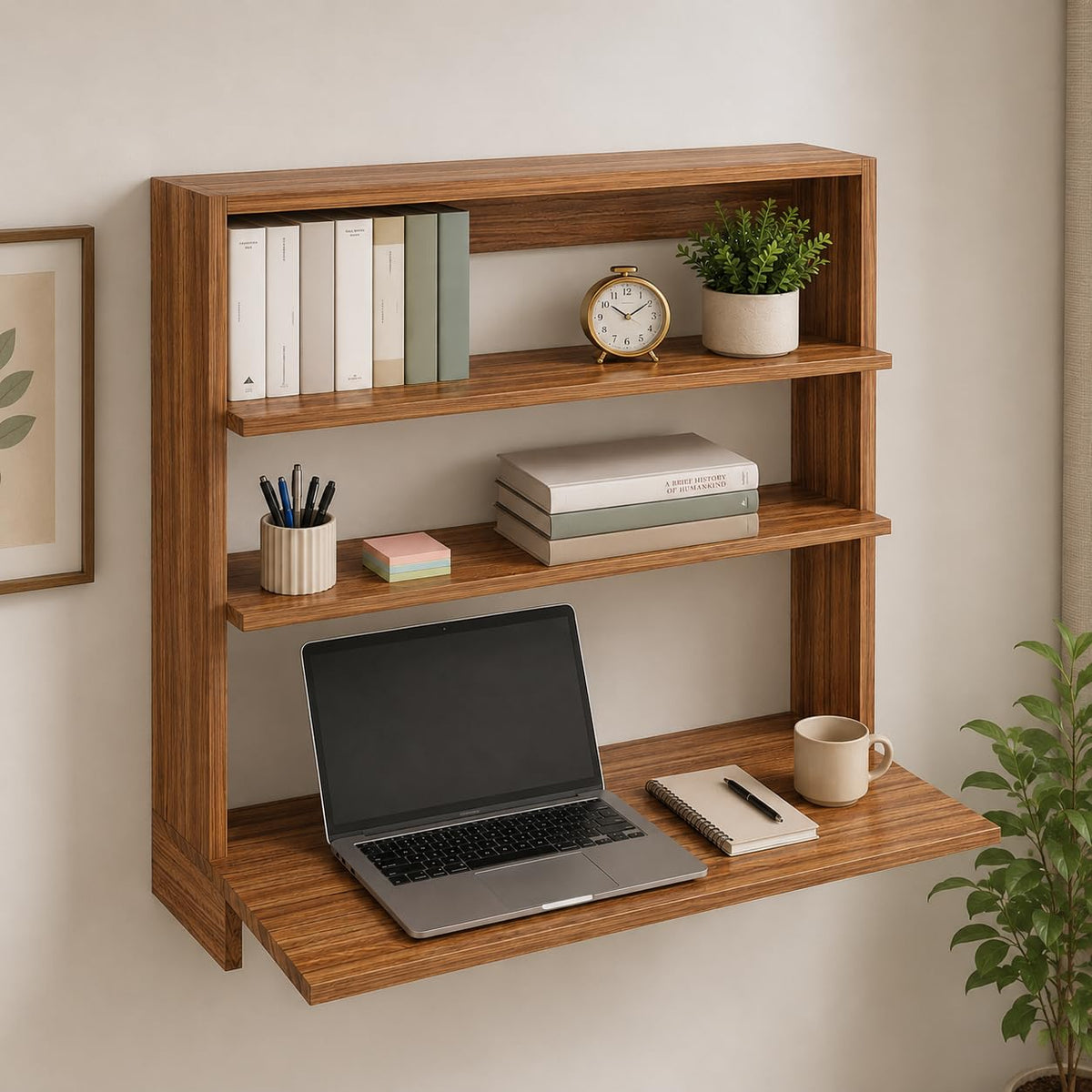 Furneaser Nilca Wall Mounted Study Table With Bookshelf, Floating Desk With Storage Shelves, Space Saving Laptop Workstation For
