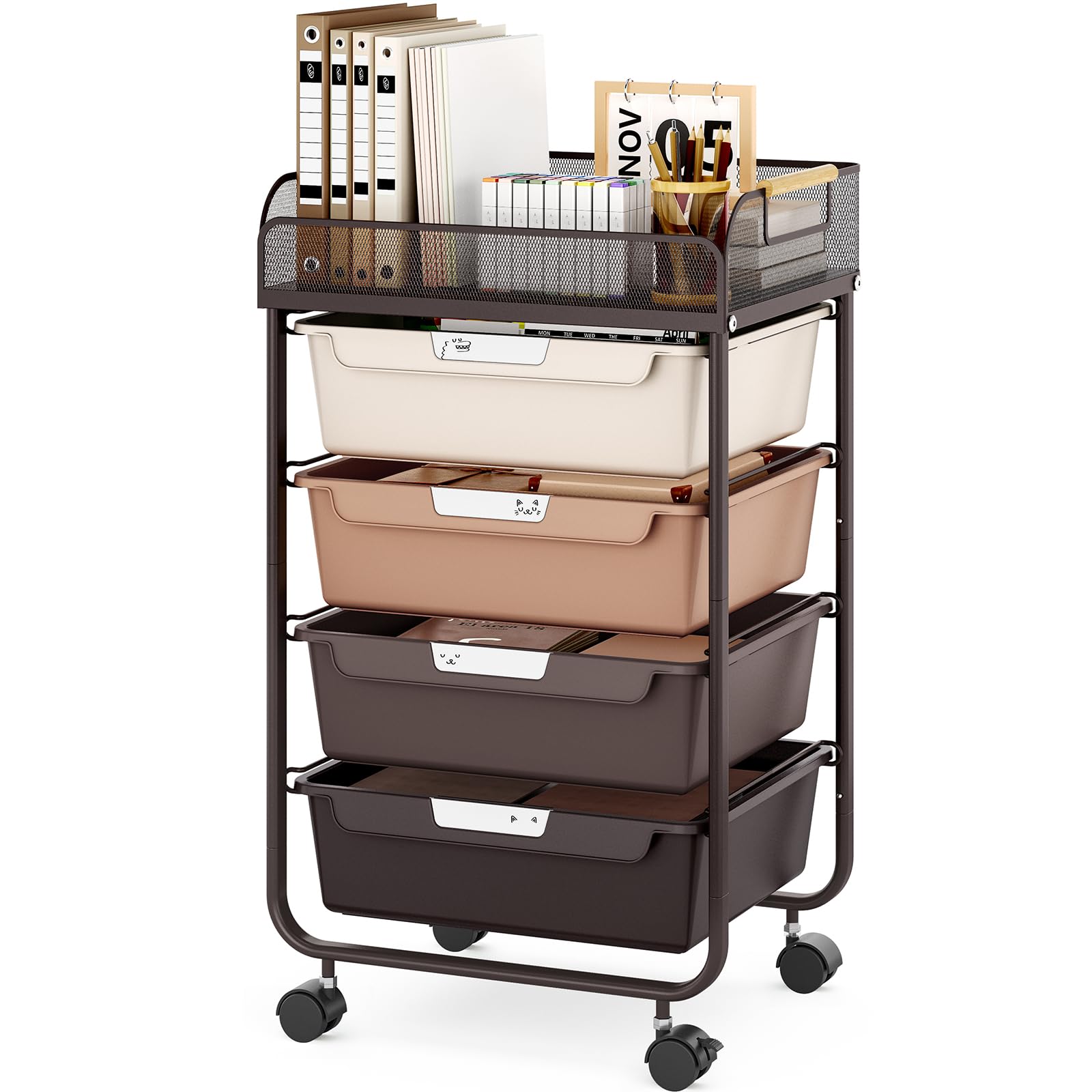 SYKIARIOL Rolling Storage Cart with 4 Drawers, Metal Utility Cart with Mesh Fence and Wooden Handle, Multipurpose Craft and Art 