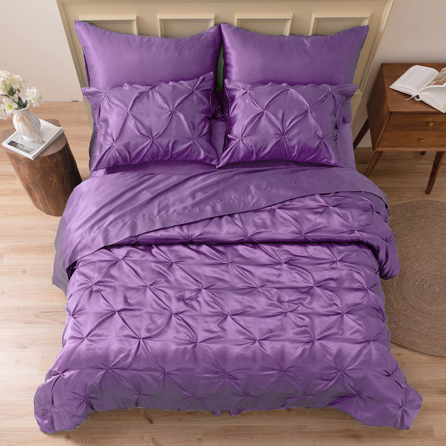 Mr&Hm Satin Comforter Full 7 Pieces - Luxurious Pinch Pleat Bedding Set With Comforter, Flat Sheet, Fitted Sheet, Pillowcases &