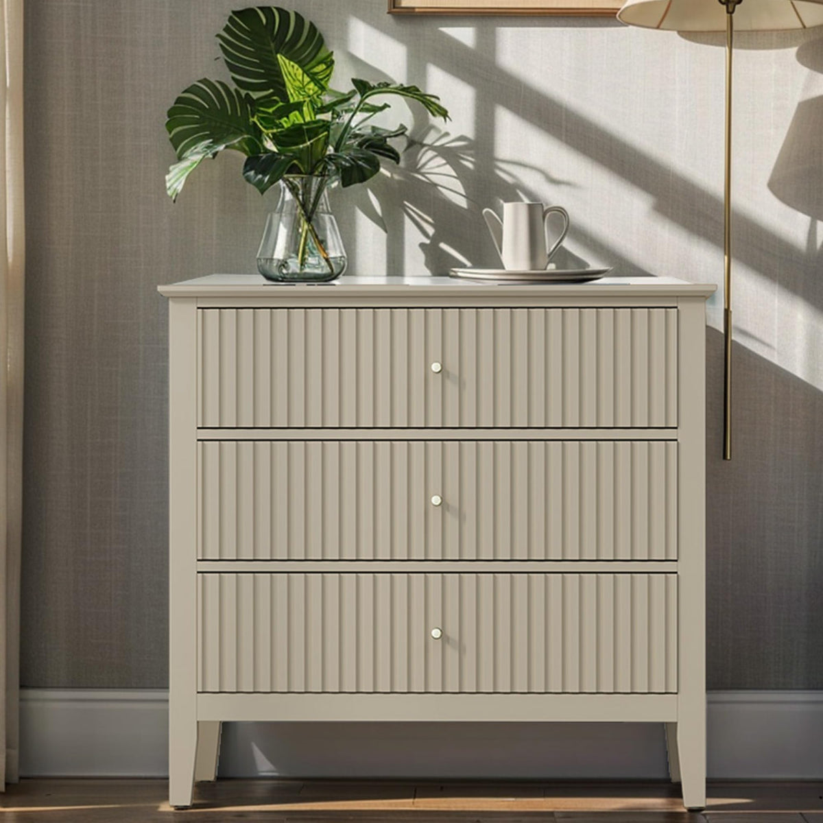 May in Color Large Beige 3 Drawer Dresser, Painted 30 Inch Tall Wood Nightstand with Storage, Wide Modern Chest of Drawers with 