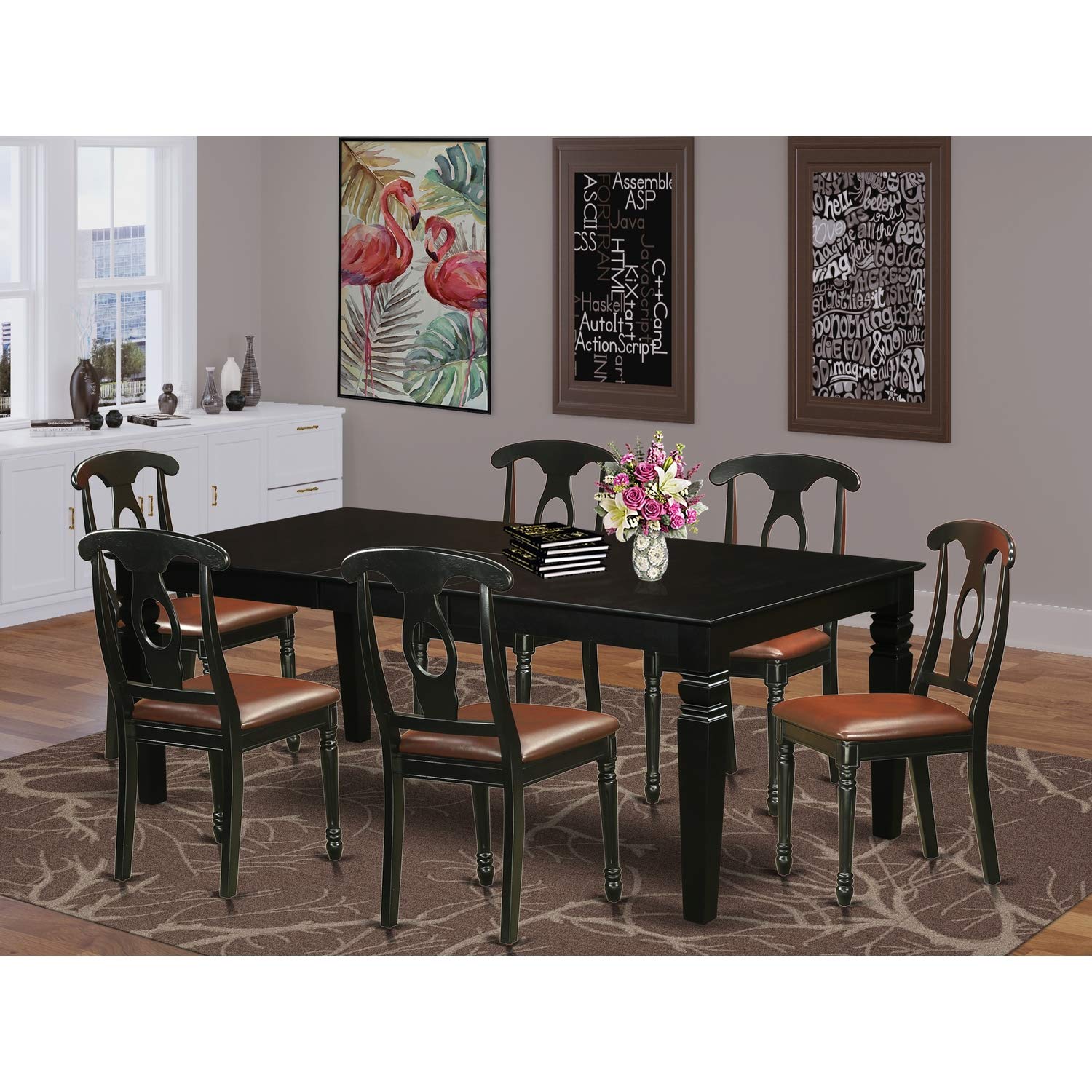 East West Furniture LGKE7-BLK-LC Logan 7 Piece Modern Set Consist of a Rectangle Wooden Table with Butterfly Leaf and 6 Faux Leather Dining Room Chairs, 42x84 Inch, Black
