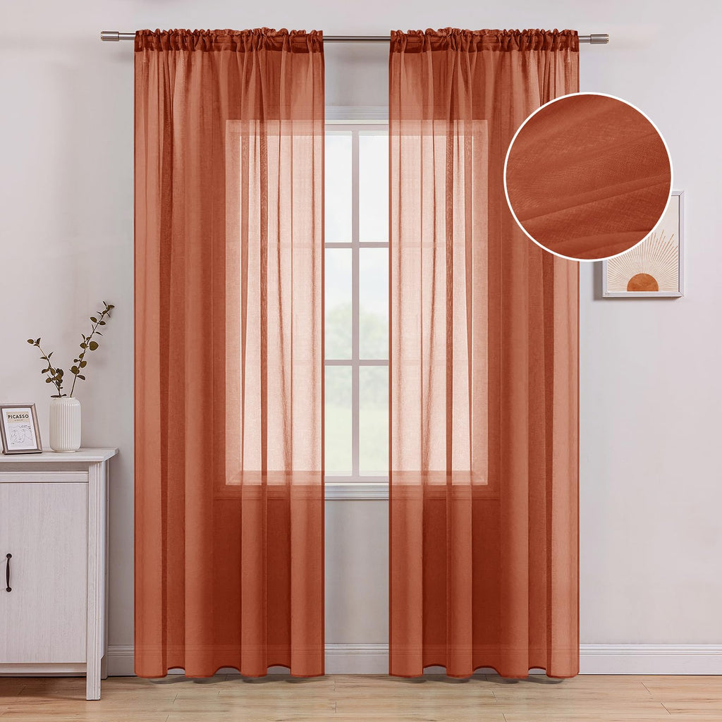 Miulee Terracotta Linen Textured Sheer Curtains 2 Panels For Bedroom/Living Room Semi Transparent Voile Rust Boho Farmhouse Fall Decor Window Drapes Rod Pocket, W 54 X L 90 Inches Long
