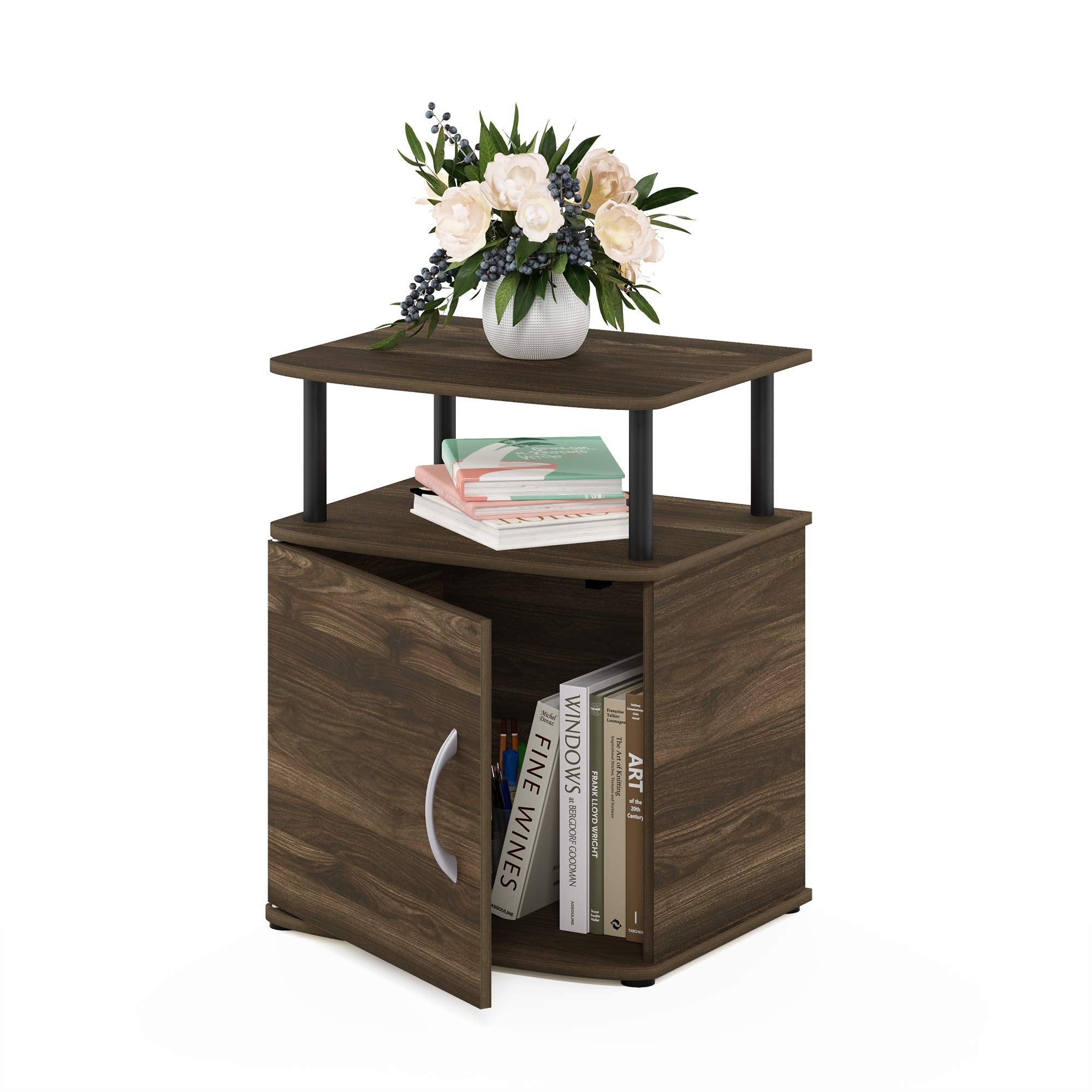 Furinno JAYA End Side Sofa Table/Nightstand with Door, 1-Pack, Columbia Walnut/Black