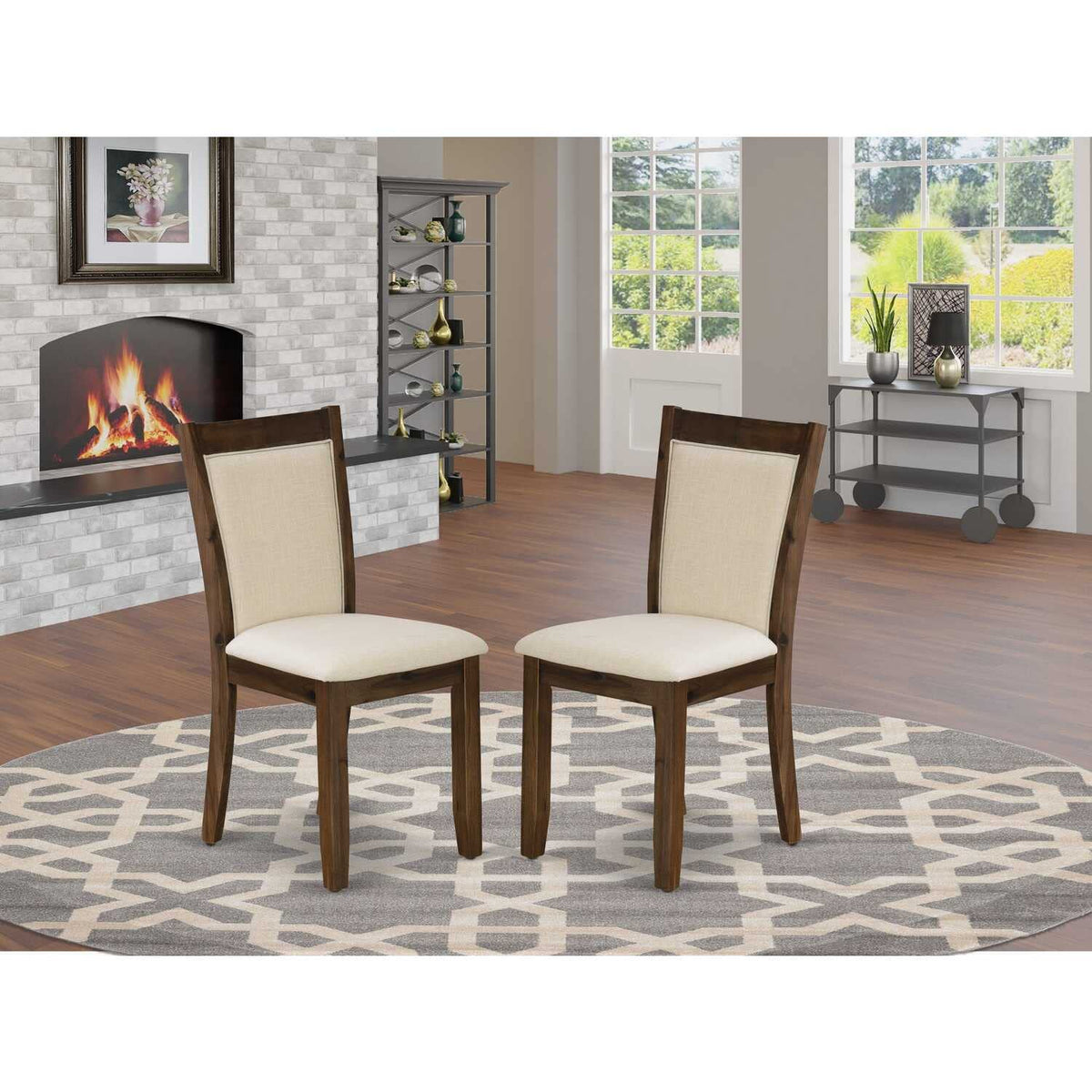 East West Furniture MZCNT32 Monza Parson Chairs - Light Beige Linen Fabric Upholstered Dining Chairs, Set of 2, Antique Walnut