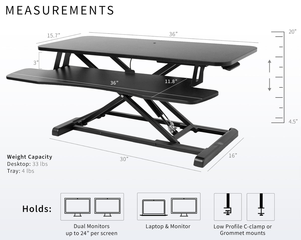 Vivo 36 Inch Desk Converter, K Series, Height Adjustable Sit To Stand Riser, Dual Monitor And Laptop Workstation With Wide Keyboard Tray, Black, Desk-V036Kb
