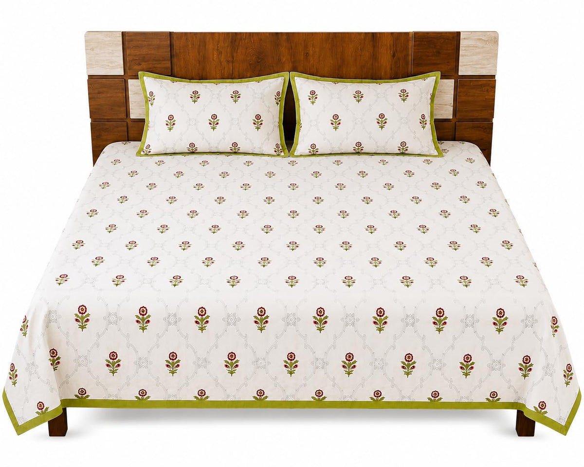 Paramphera Studio King Size Cotton Bedsheet Floral Block Print 280 TC