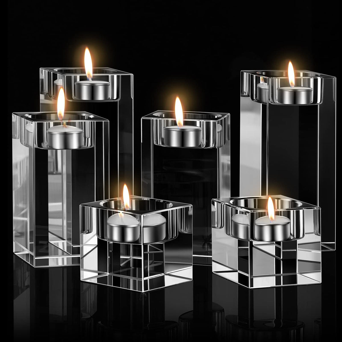 6 Pcs Crystal Candle Holders Clear Tea Light Candle Holders Square Candle Stand Glass Votive Candlestick Holders Centerpiece Tab