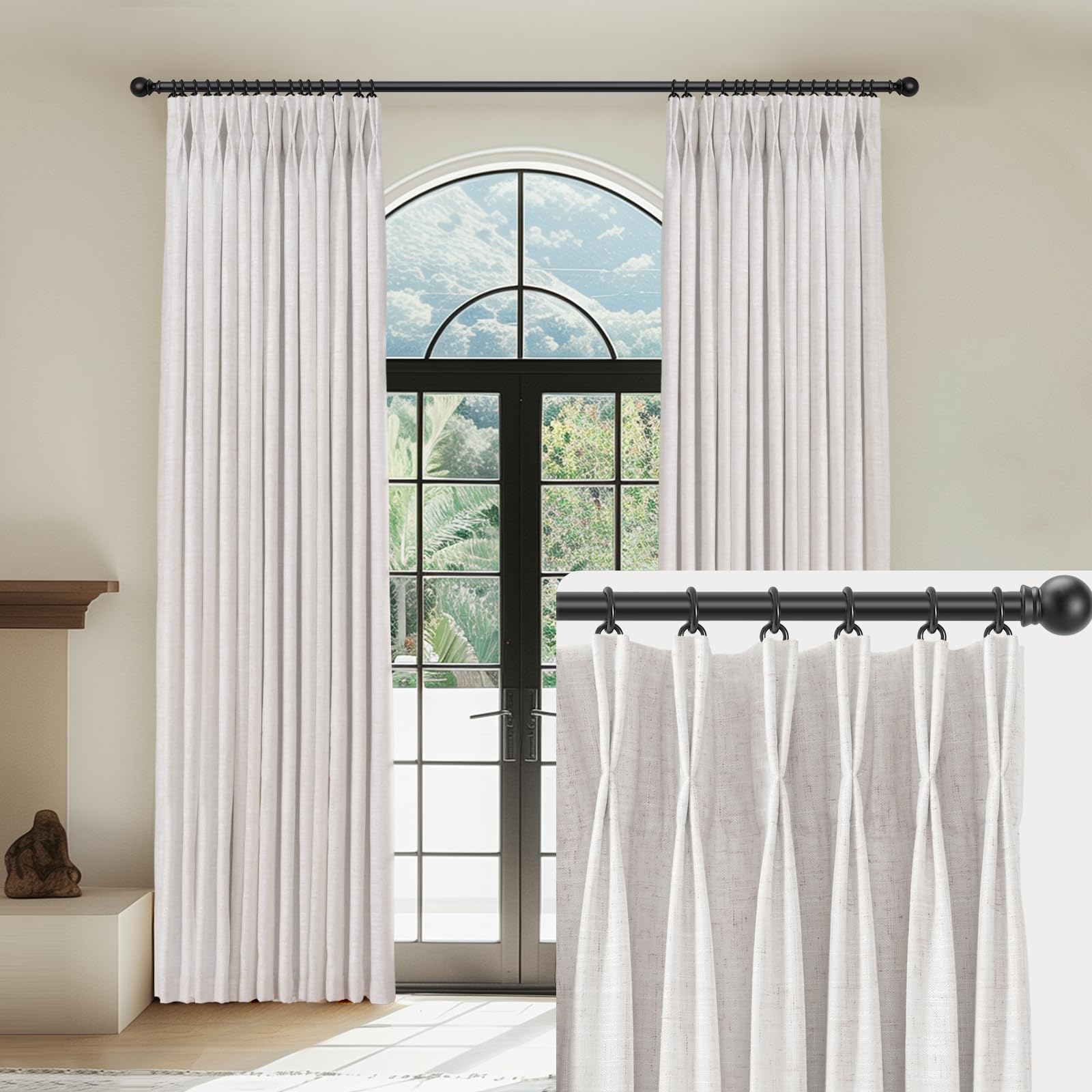 Capaloca White Linen Pinch Pleated Curtains Blackout 100% Black Out Curtains 95 Inches Long 2 Panels Pinch Pleat Curtains With H