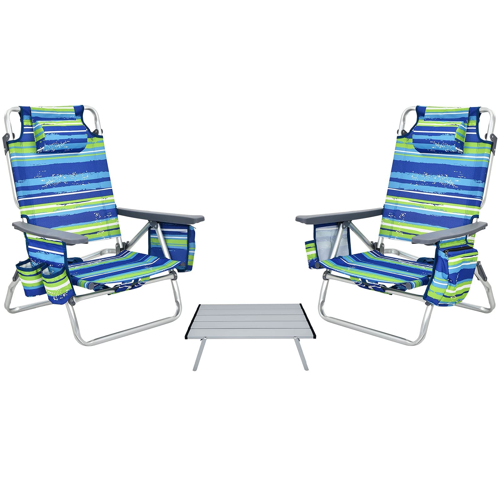 Giantex Folding Camping Chair 3 Pcs Beach Chair And Aluminum Table Set, Patio Sling Chairs With 5 Adjustable Position, Backpack Lawn Chair For Fishing,Travelling Sunbathing Chairs Set