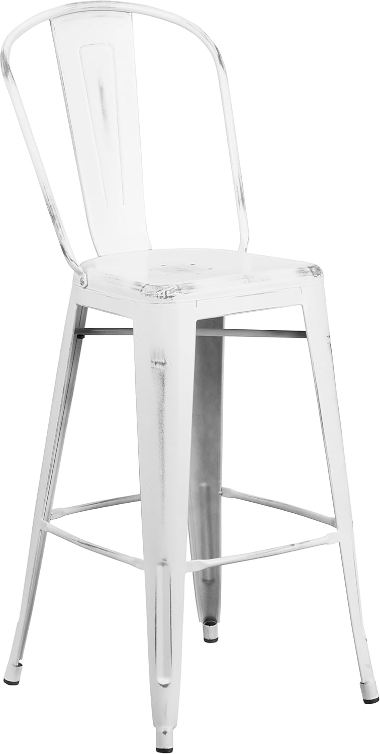 Commercial Grade 30 High Distressed White Metal Indoor-Outdoor Barstool with Back