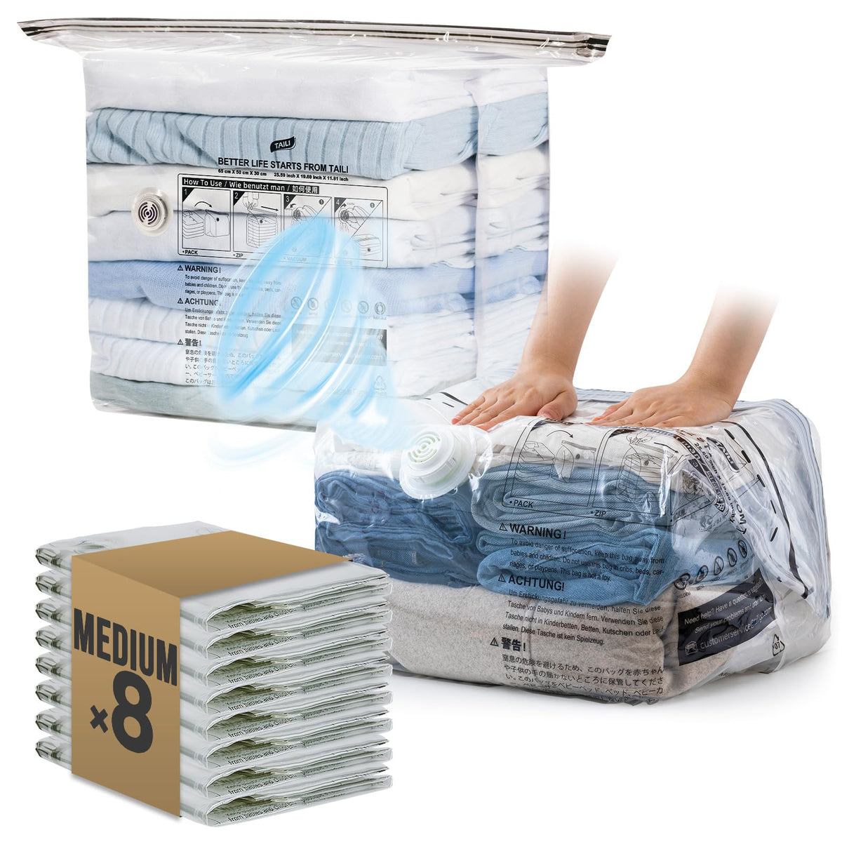 TAILI 8 Pack Cube Vacuum Storage Bags, Medium Size (25x19x11 inch), Clear