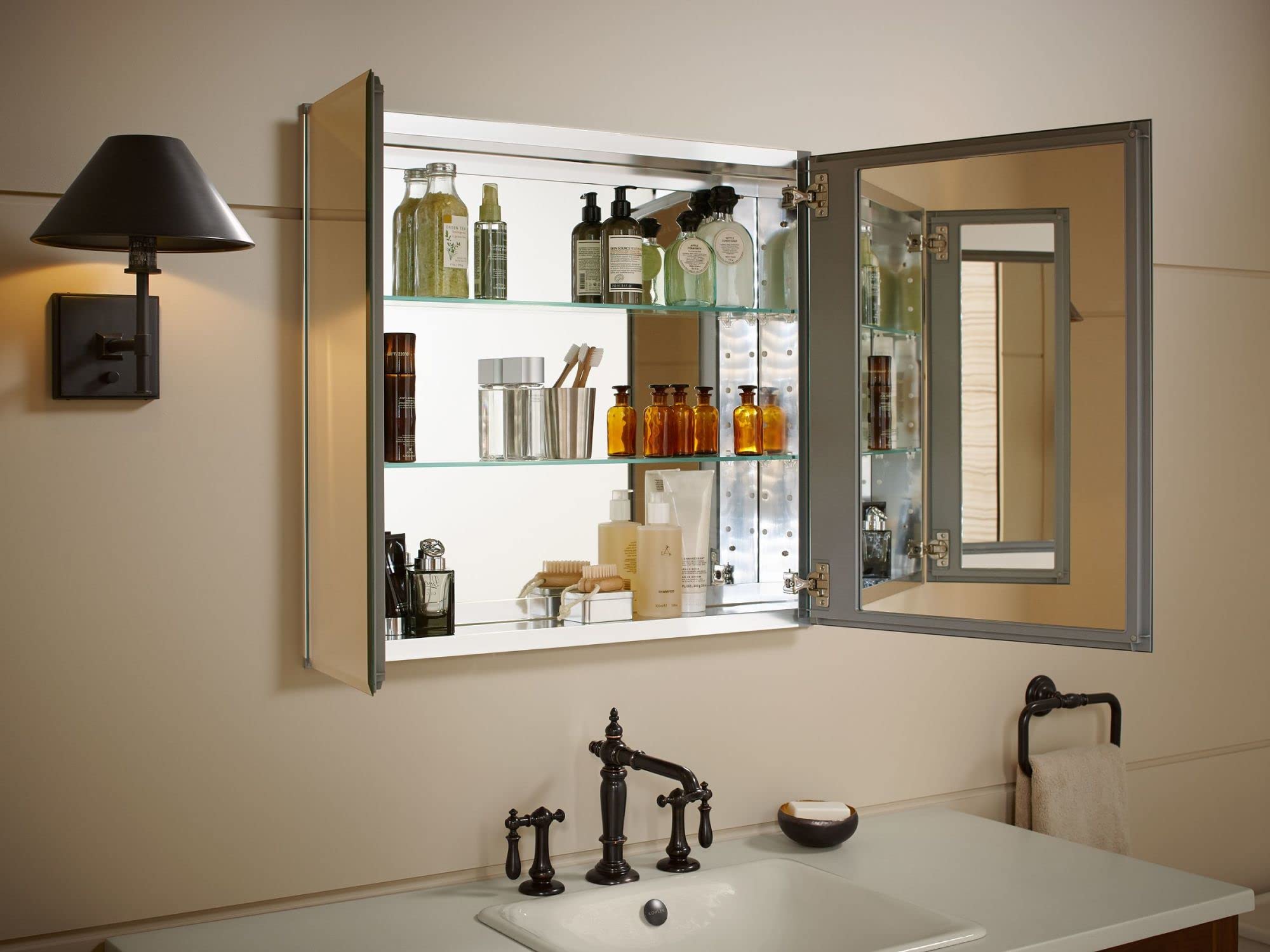 Kohler K-Cb-Clc3026Fs Beveled Medicine Cabinet With Mirror Doors & Adjustable Shelves, Rectangular Beveled Edge Frame, 30' X 26'