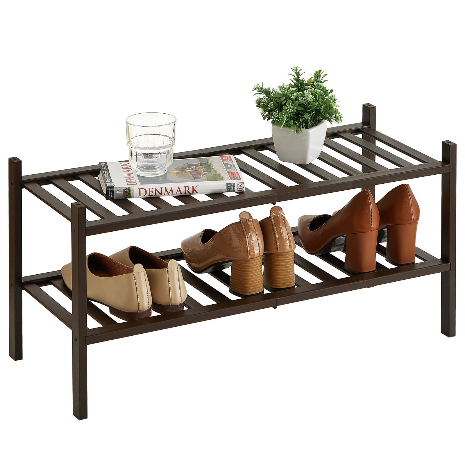 Furshus 2-Tier Bamboo Shoe Rack for Entryway, Stackable | Heavy Duty | Multi-Function, Free Standing Shoe Racks for Bedroom Hall