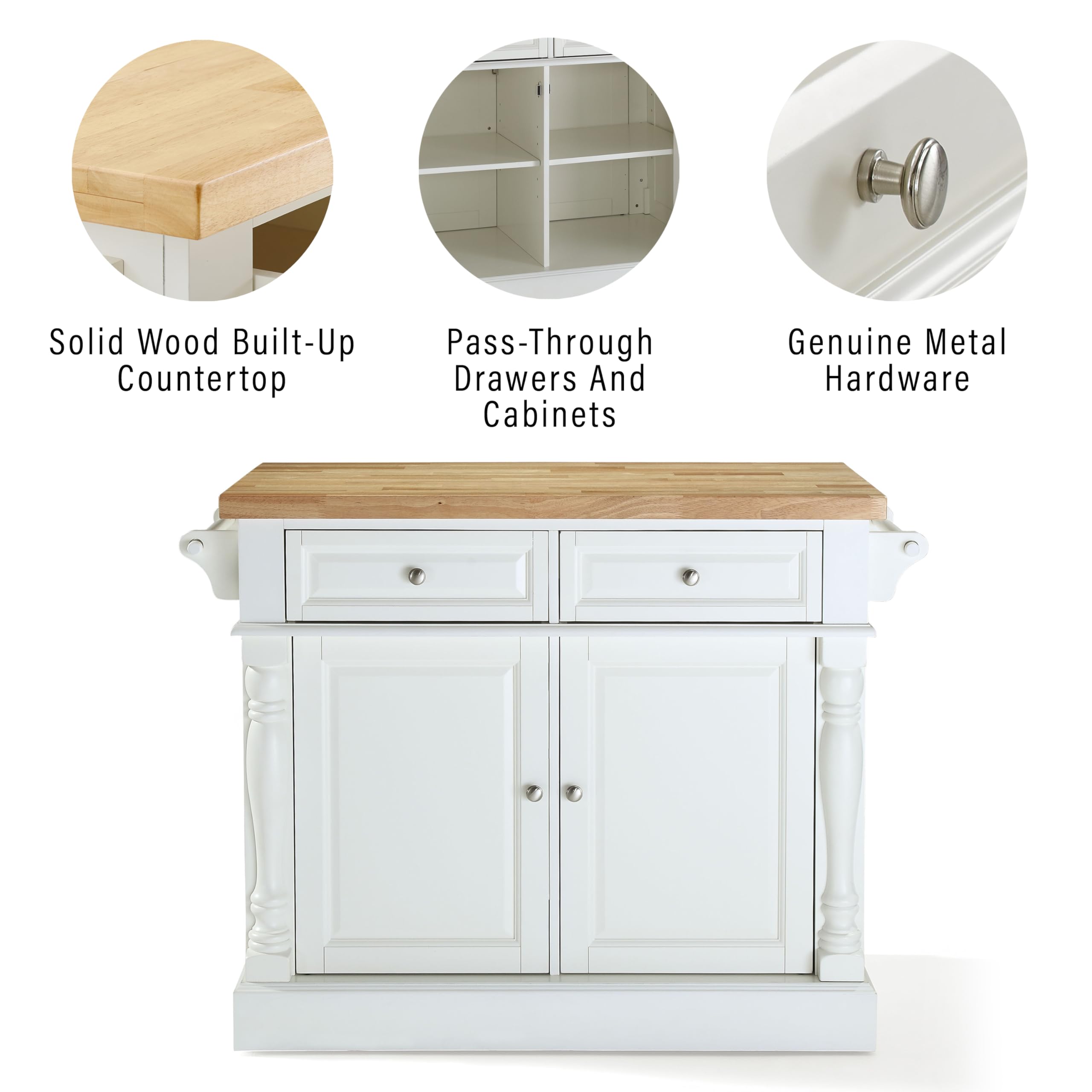Crosley Furniture Oxford Butcher Block Kitchen Island, Microwave Stand, with Storage Shelves and Drawers, White