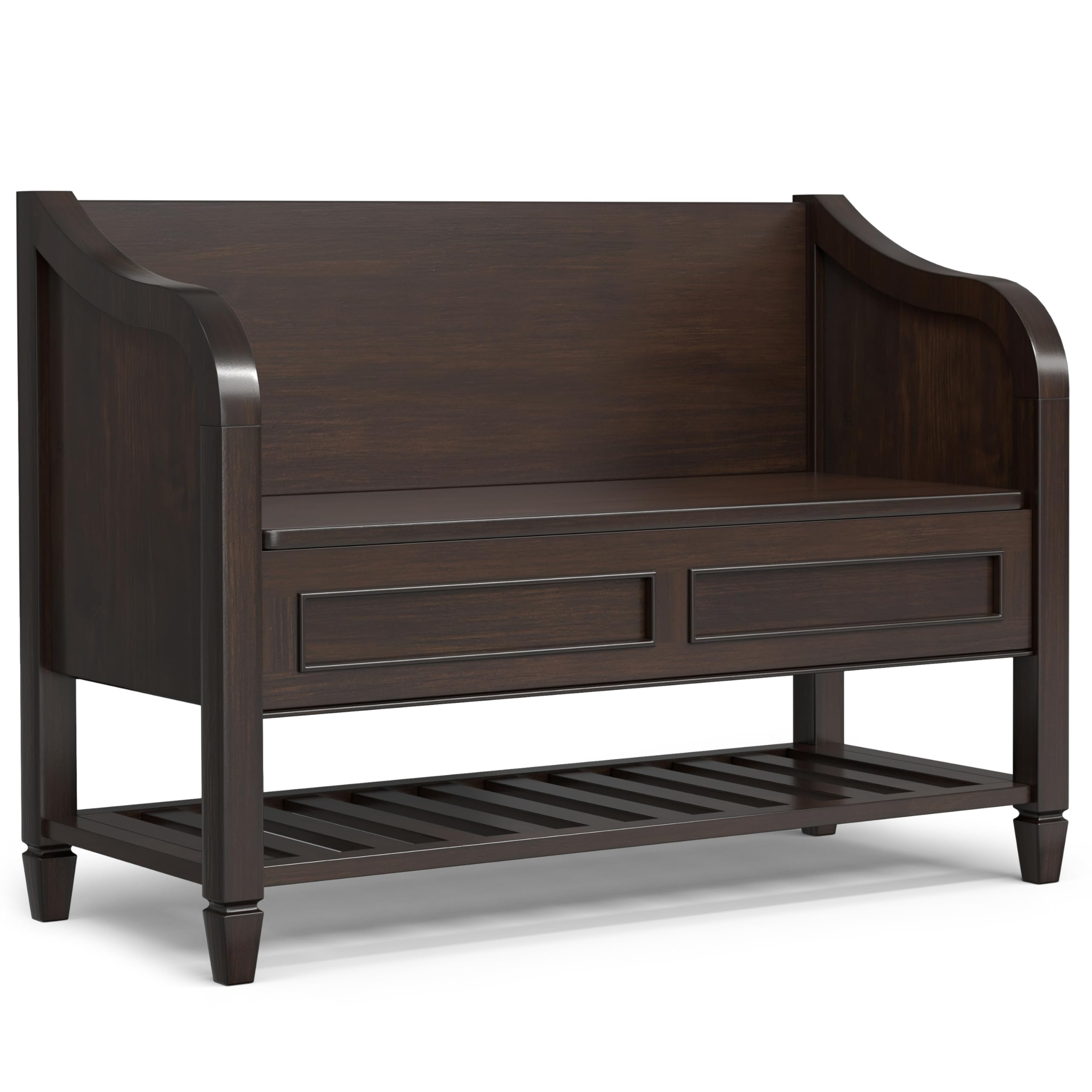 SIMPLIHOME Connaught Entryway Storage Bench with Shelf, 42 inch, Chestnut Brown