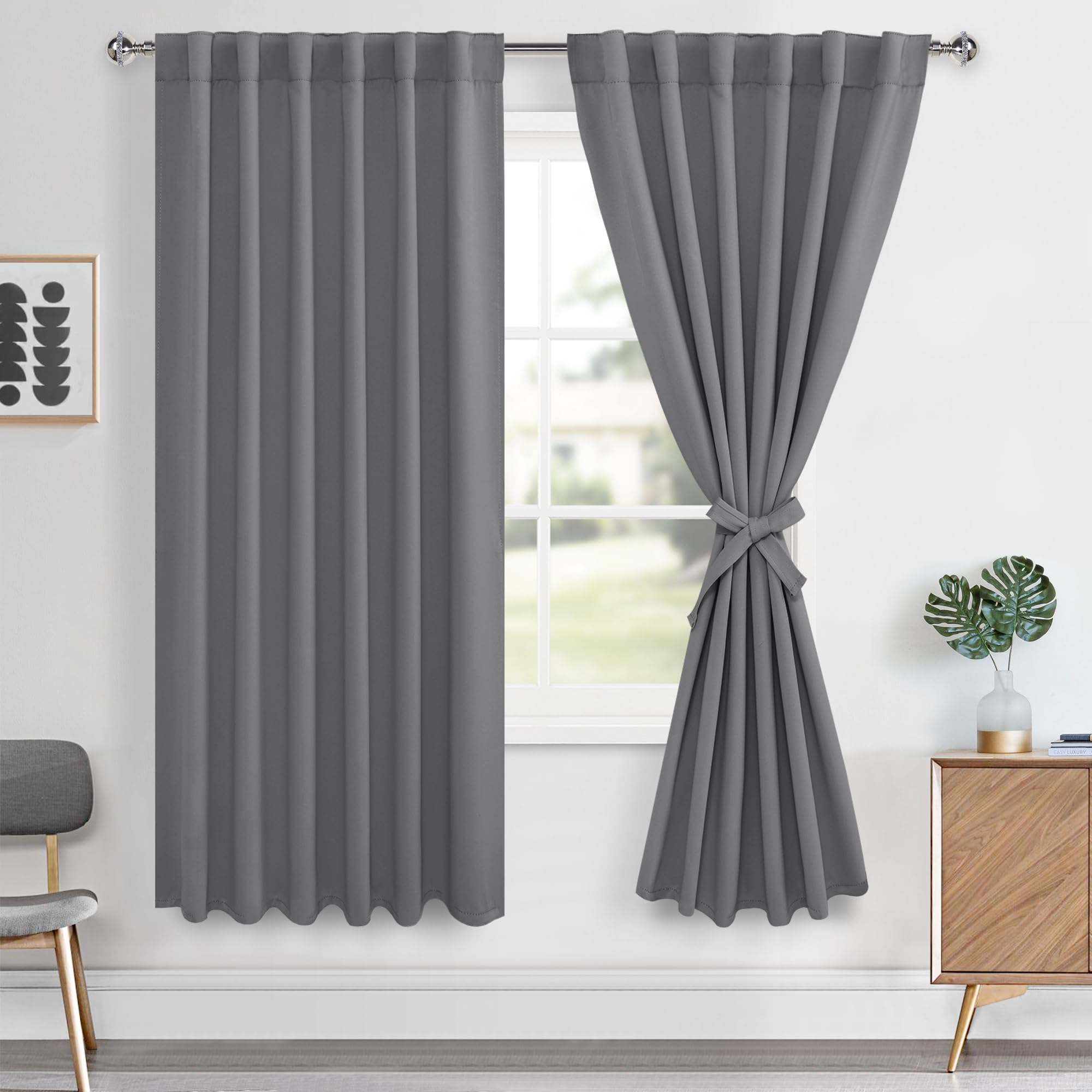 Hiasan Grey Back Tab Blackout Curtains 2 Panels, Rod Pocket Gray Curtains for Bedroom, Room Darkening Curtains for Living Room, 