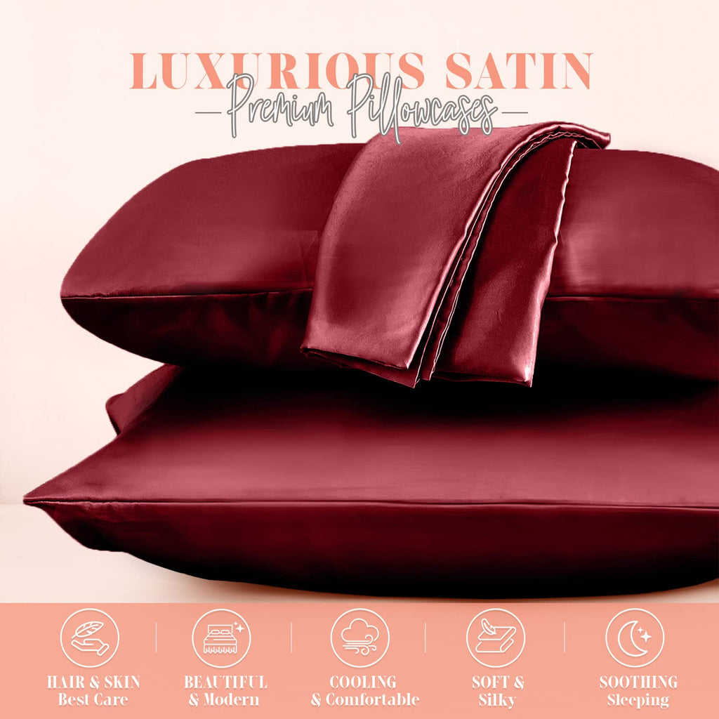 Elegant Comfort Silky And Luxurious 2-Piece Satin Pillowcase Set For Healthier Skin And Hair, Hidden Zipper Closure And Beautifully Packaged, Satin Pillowcase Set, Standard/Queen, Burgundy