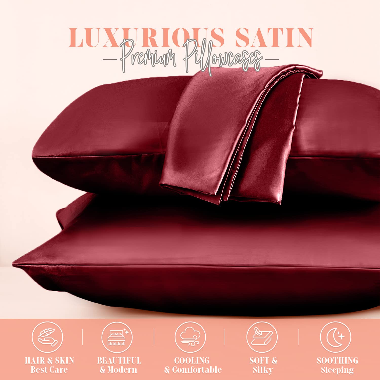 Elegant Comfort Silky And Luxurious 2-Piece Satin Pillowcase Set For Healthier Skin And Hair, Hidden Zipper Closure And Beautifully Packaged, Satin Pillowcase Set, Standard/Queen, Burgundy