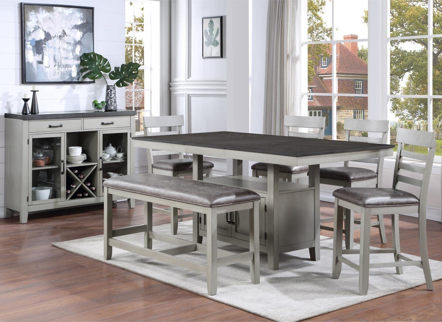 Steve Silver Furniture Hyland 7pc Rectangular Dining Set w/Server, 60 to 80-Inch Table w/ 20-Inch Leaf, 4 Vegan Leather Chairs, and Vegan Leather Bench, Dining Room, 60" L x 42" W x 36" H, Grey