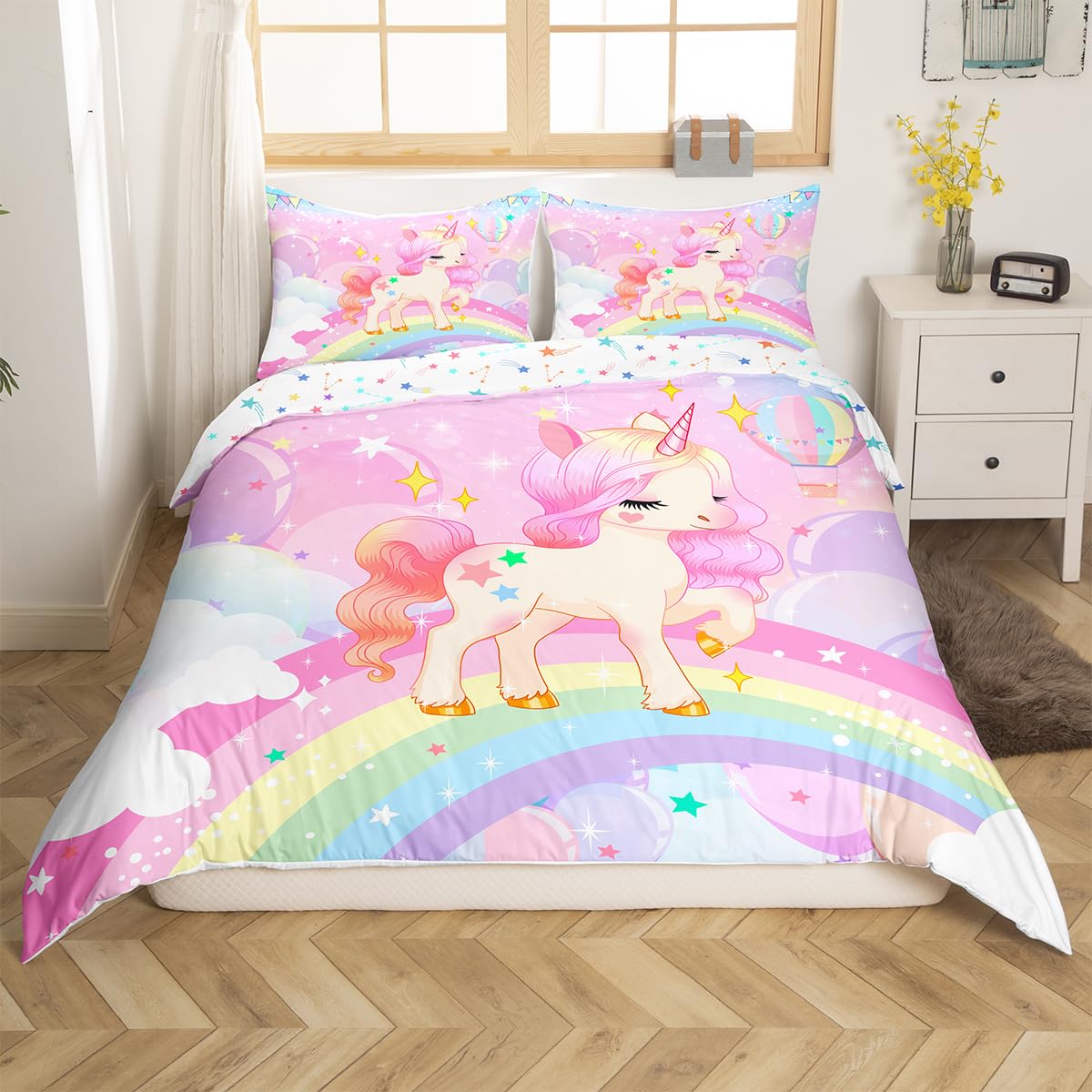 Feelyou Unicorn Girls Bedding Set Full Kawaii Cute Rainbow Unicorn Duvet Cover Cartoon Horse Comforter Cover Kids Children Galax