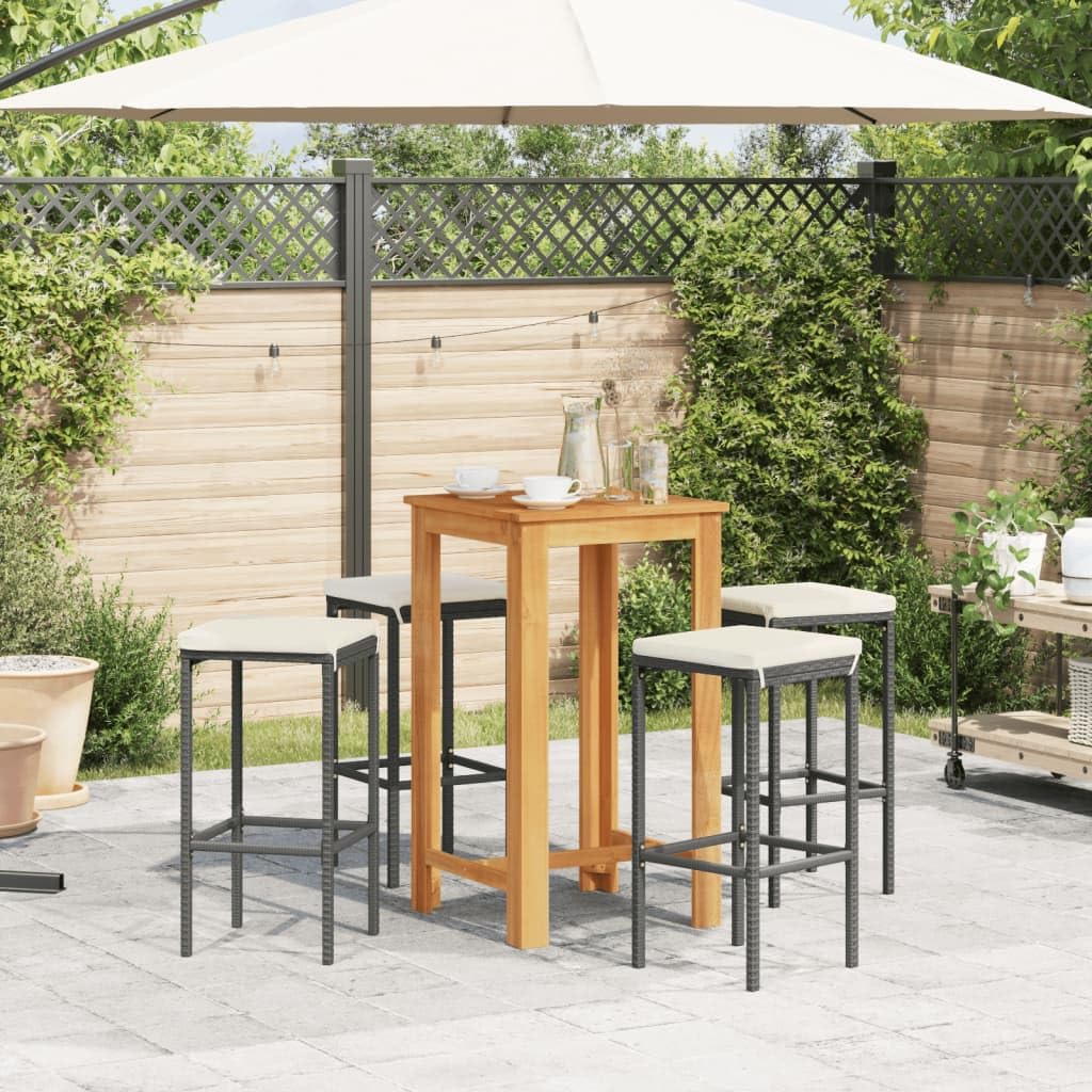 vidaXL 5-Piece Patio Bar Set with Black Poly Rattan Stools, Solid Acacia Wood Table, Cushions - Outdoor Furniture