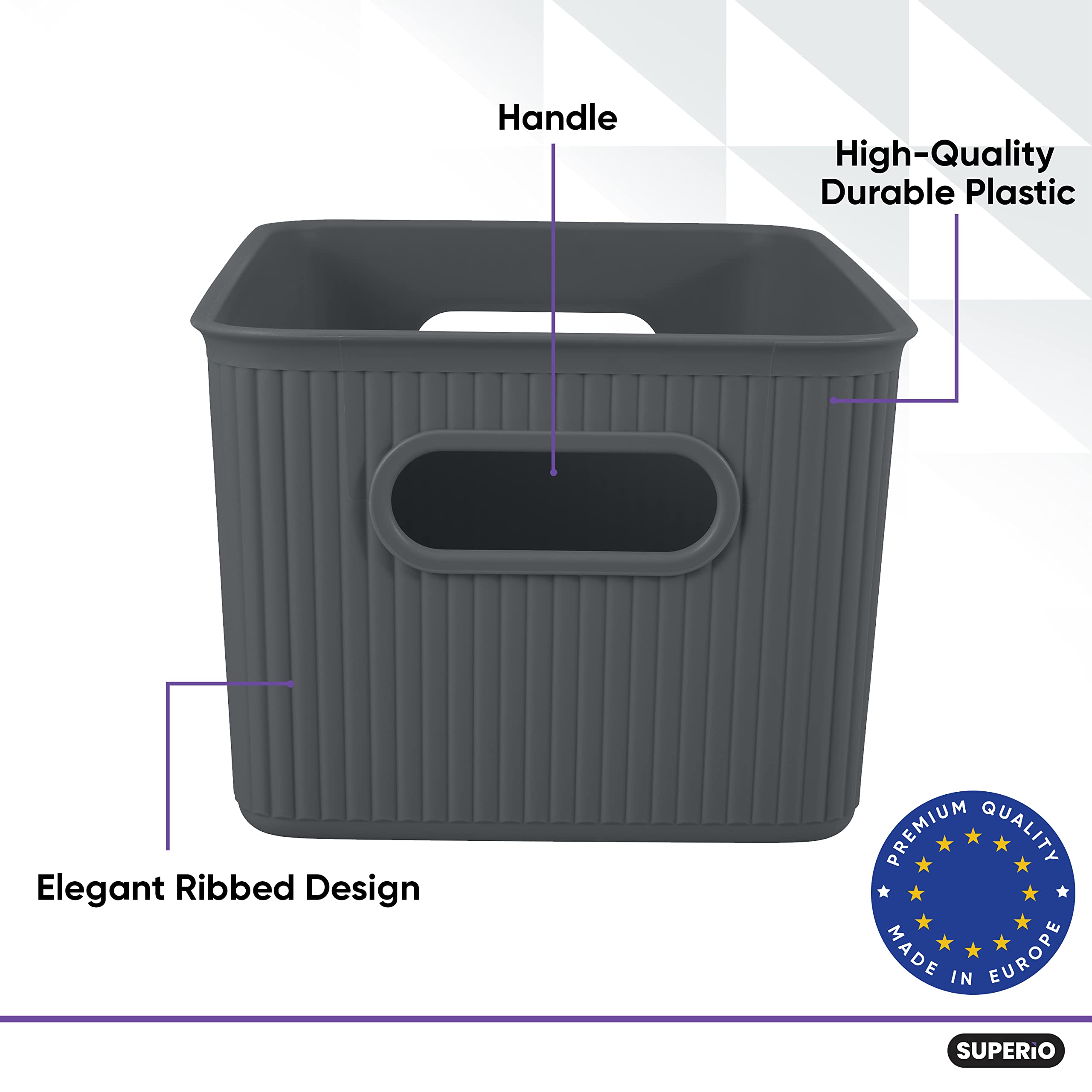 Superio Ribbed Collection - Decorative Plastic Lidded Home Storage Bins Organizer Baskets, Medium Grey (1 Pack - 5 Liter) Stacka