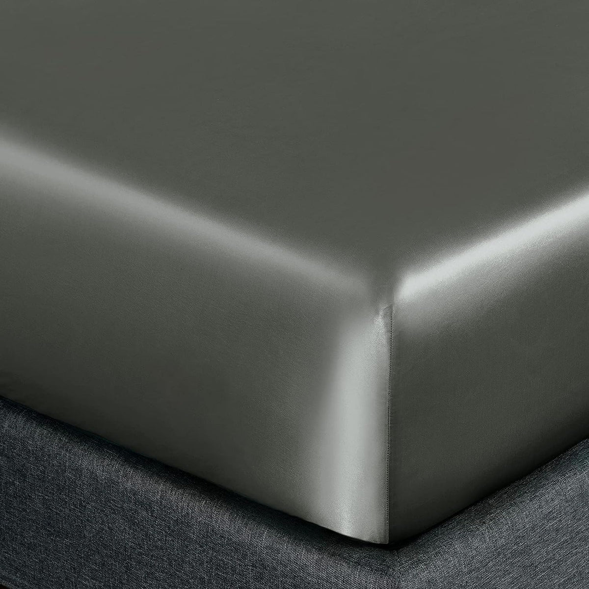 Homiest Dark Grey Satin Fitted Sheet King Size Fitted Bed Sheet, Deep Pocket Fitted Sheet Only, Luxury & Ultra Soft Bedding Fitted Sheet Single Bottom Bed Sheets Sold Separately