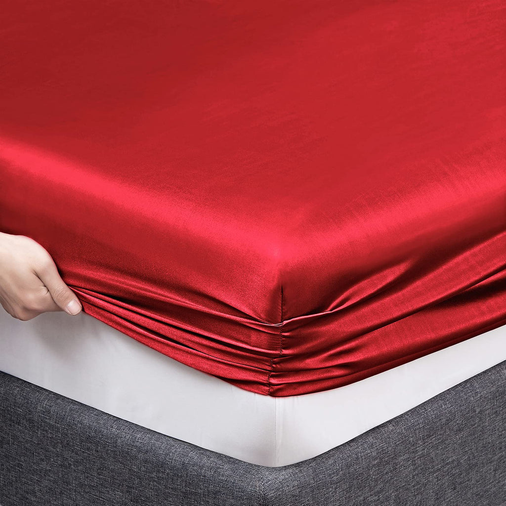 Vonty Satin Sheets Queen Silky Soft Satin Bed Sheets Red Satin Sheet Set, 1 Deep Pocket Fitted Sheet + 1 Flat Sheet + 2 Pillowca