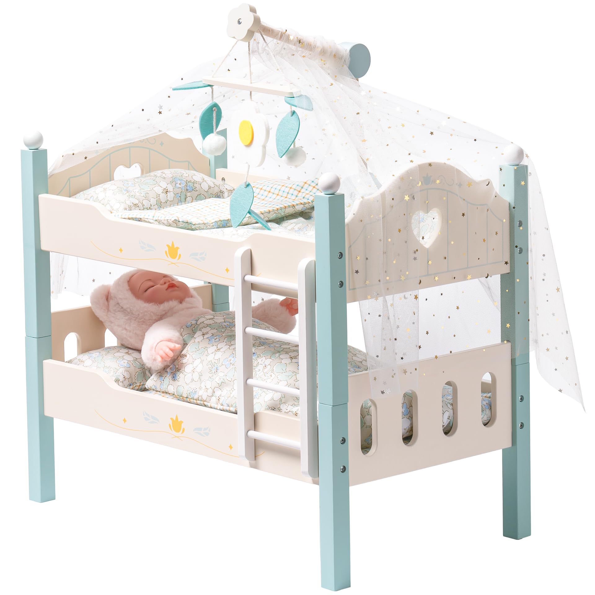 ROBOTIME Baby Doll Bunk Beds, Wooden Doll Cribs for 18 inch Dolls Furniture, Stackable Doll Bed Fits American Girl Doll (Blue, 2