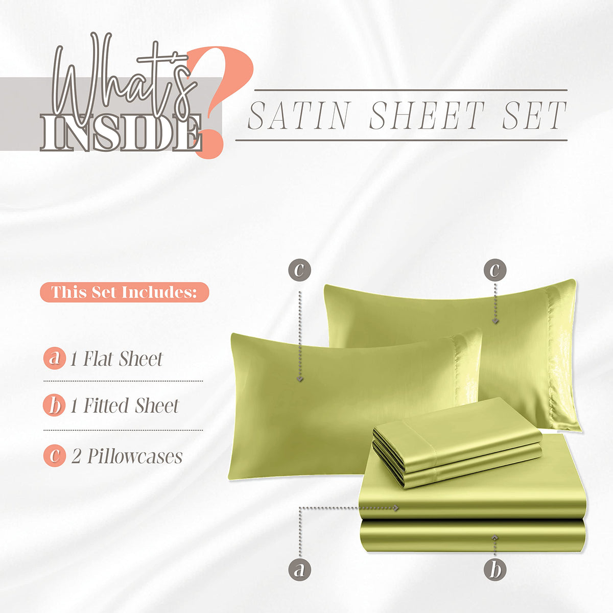 Elegant Comfort Luxurious 4-Piece Silky Satin Sheet Set, Skin And Hair Friendly, Wrinkle, Fade, Stain Resistant With Deep Pockets Fitted Sheet, Cooling Soft Satin Sheets, Cali King, Pistachio Green