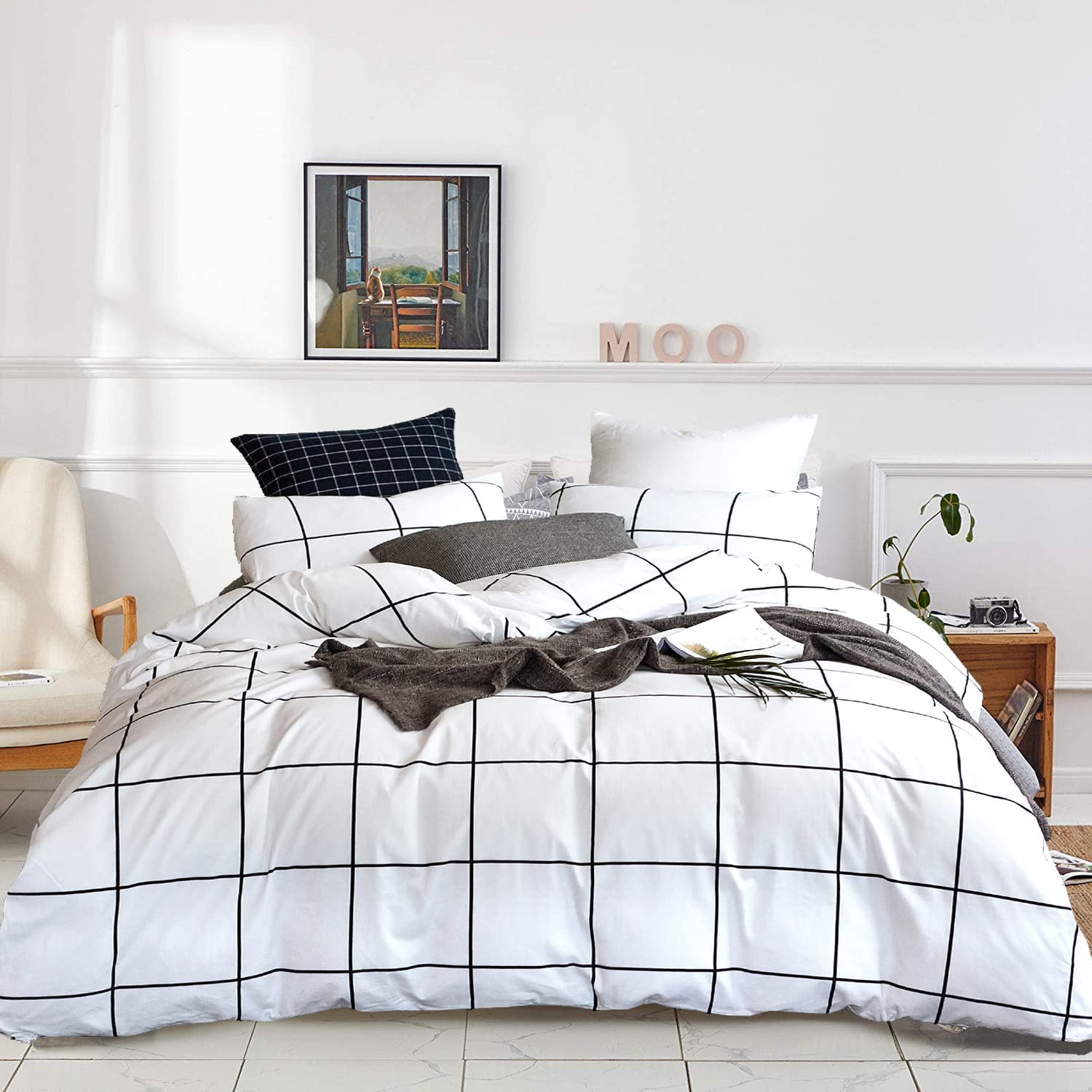 Karever White Grid Comforter Set Big Grid Bedding Set Full White Black Plaid Printed Stripes Women Checkered Comforters Bedding