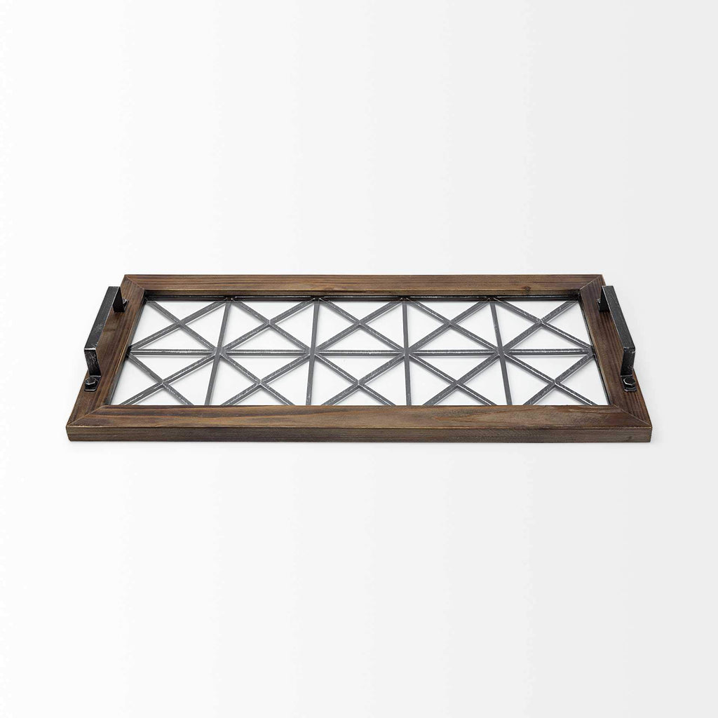 HomeRoots Brown Wood with Geometrically Metal Frame and Glass Bottom Tray