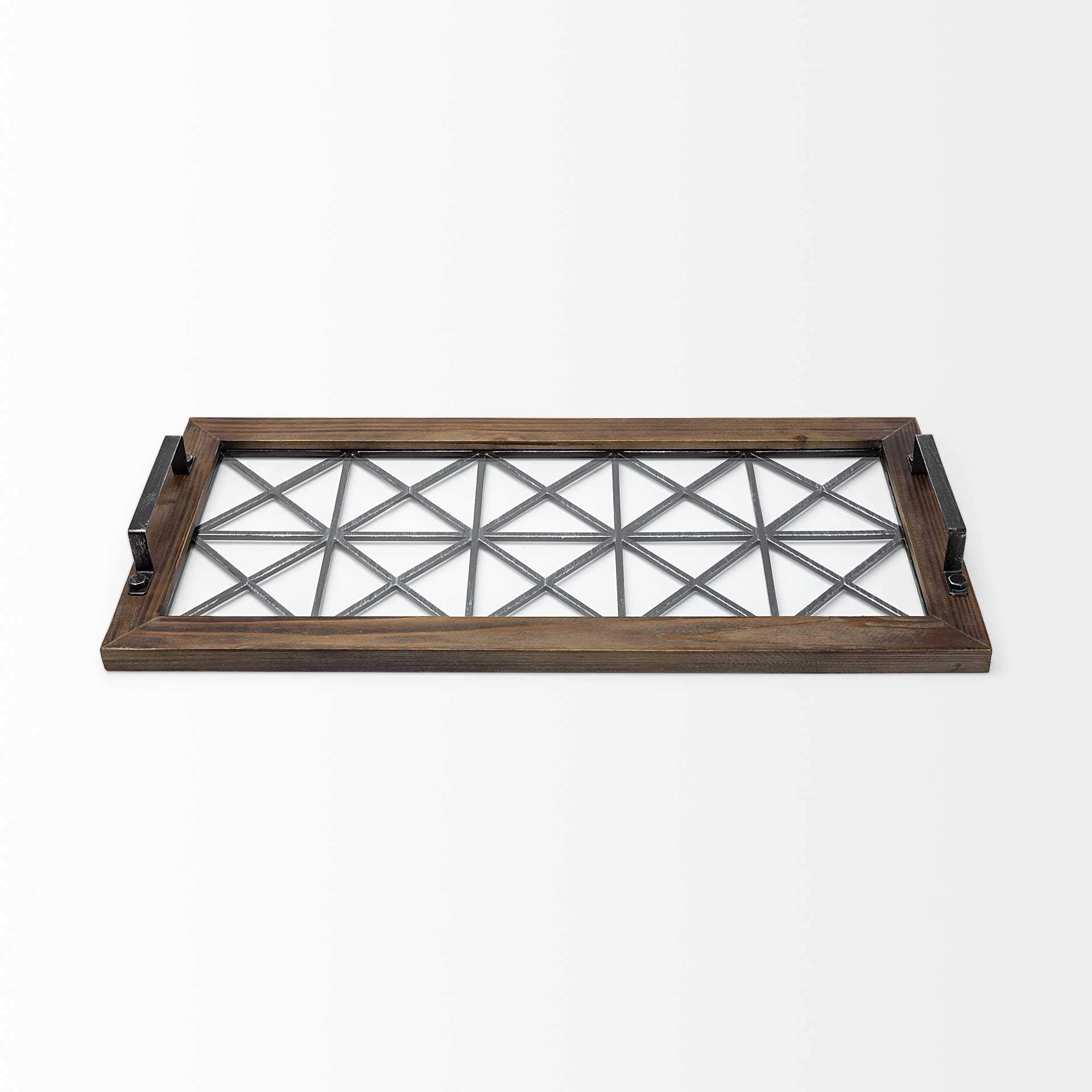 HomeRoots Brown Wood with Geometrically Metal Frame and Glass Bottom Tray