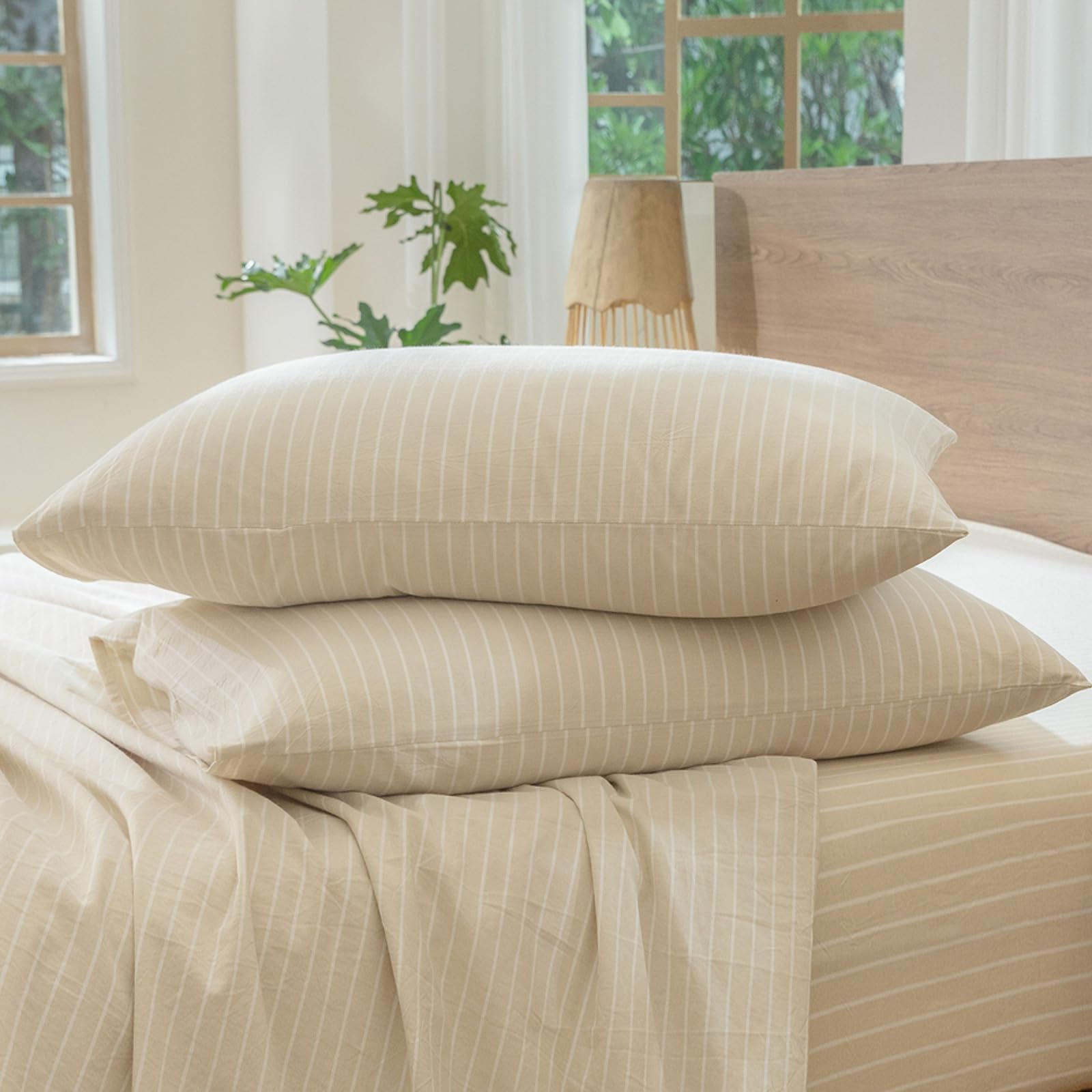 MooMee Bedding Pillowcases Striped Pack of 2 100% Washed Cotton Linen Like Textured Breathable Durable Soft Comfy (Almond Milk G