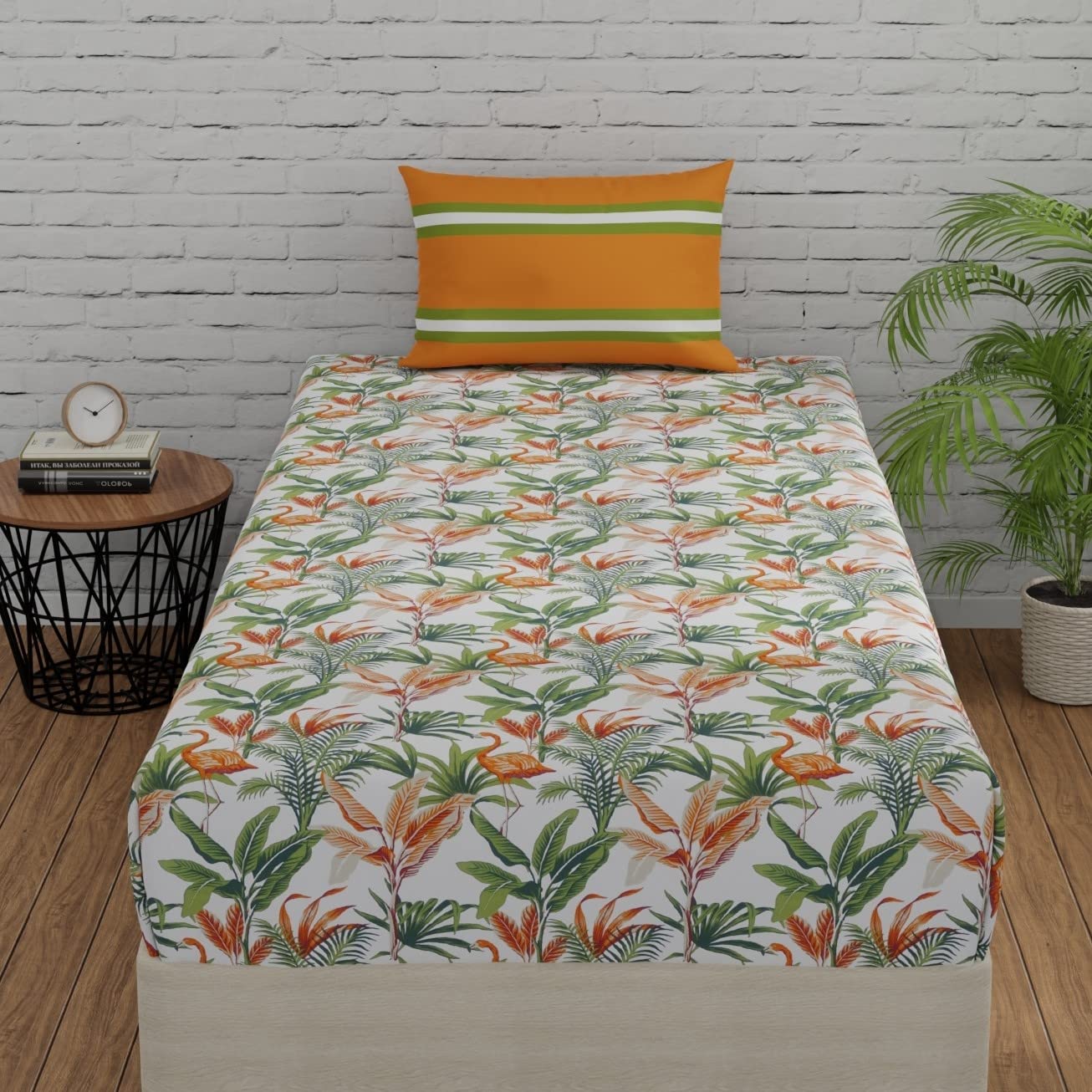 Huesland By Ahmedabad Cotton 144 Tc Single Bed Bedsheet Cotton With Pillow Cover | Flamingos & Stripes Orange & Green